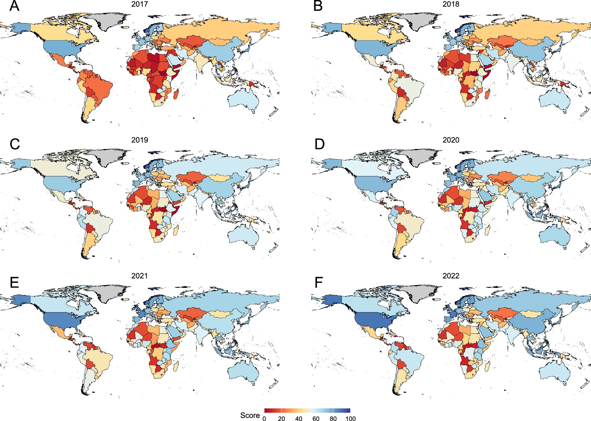 Extended Data Fig. 1: Global distribution of AMR governance scores, 2017–2022.
