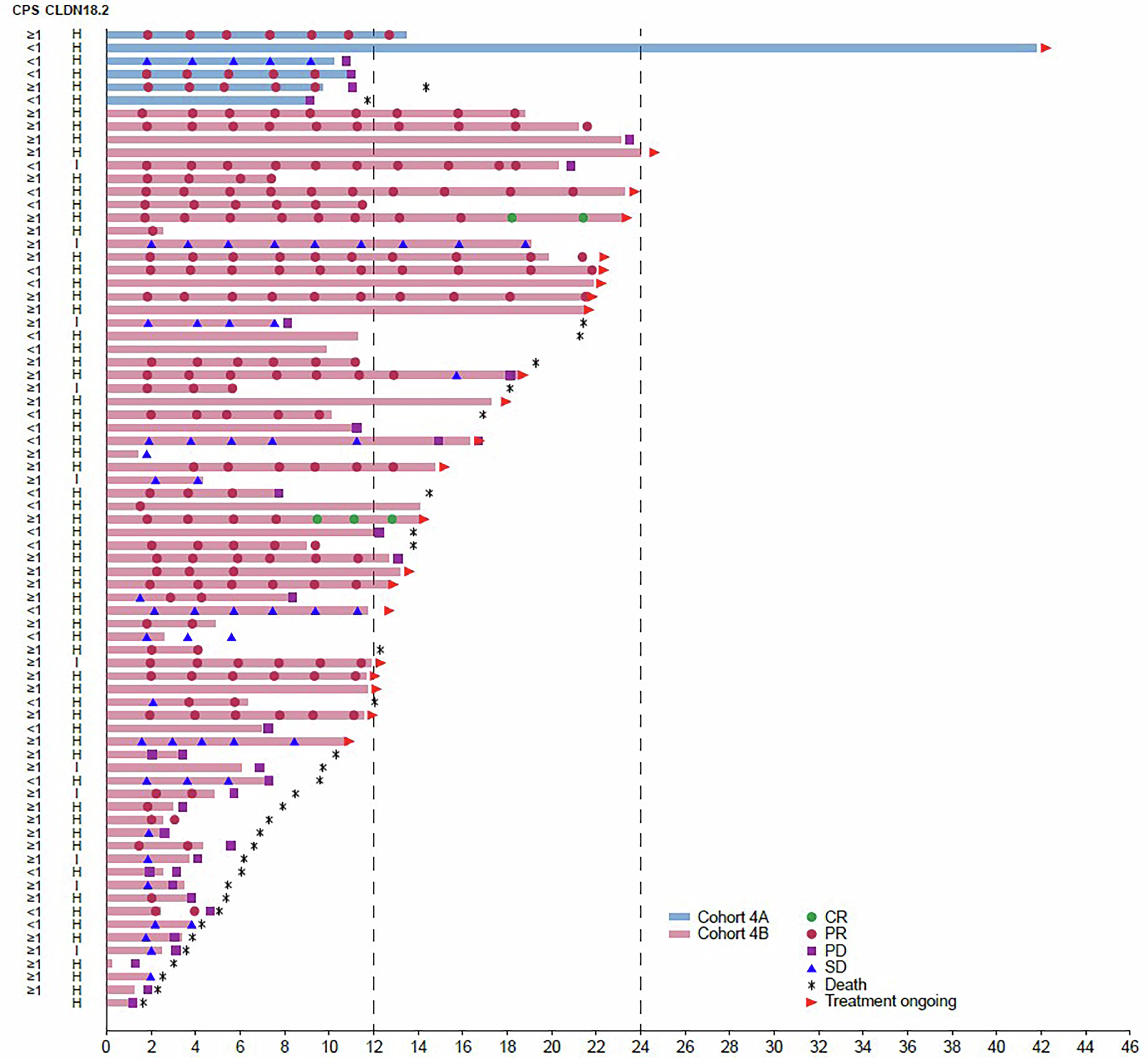 Extended Data Fig. 3: Patient responses over time in cohort 4A + 4B in the full analysis set.
