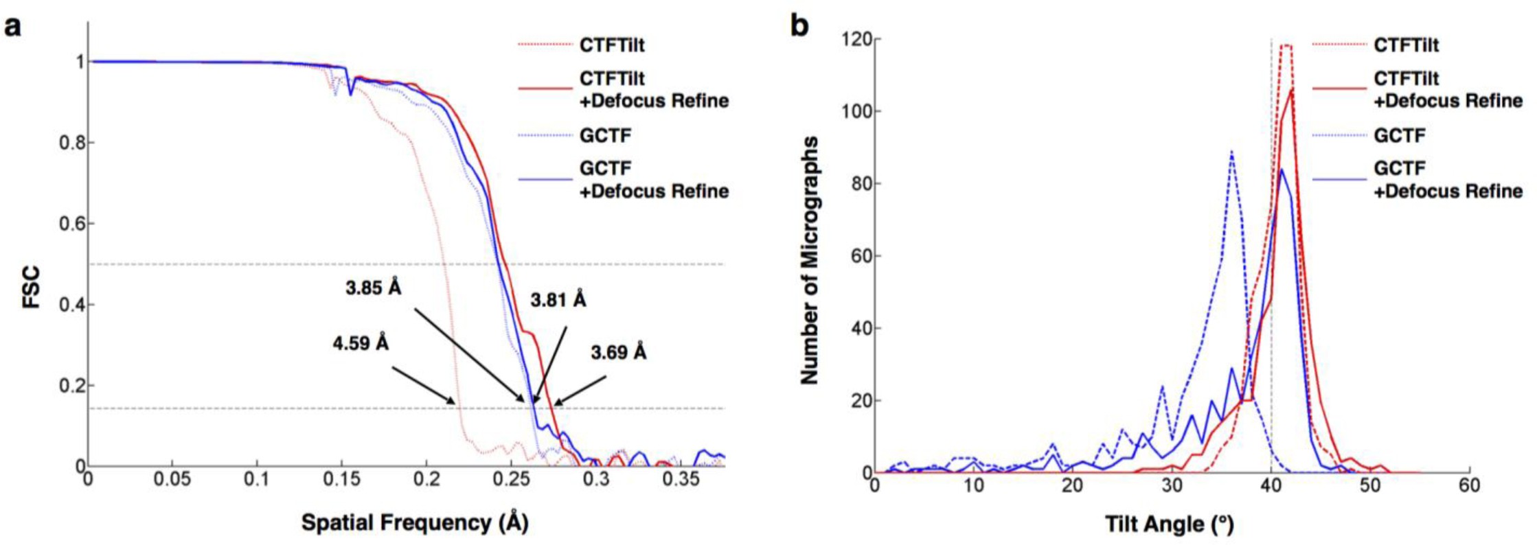 Supplementary Figure 6: Comparison of the resolution and estimated tilting angle by different programs for the 40o-tilted dataset of the influenza HA trimer27.