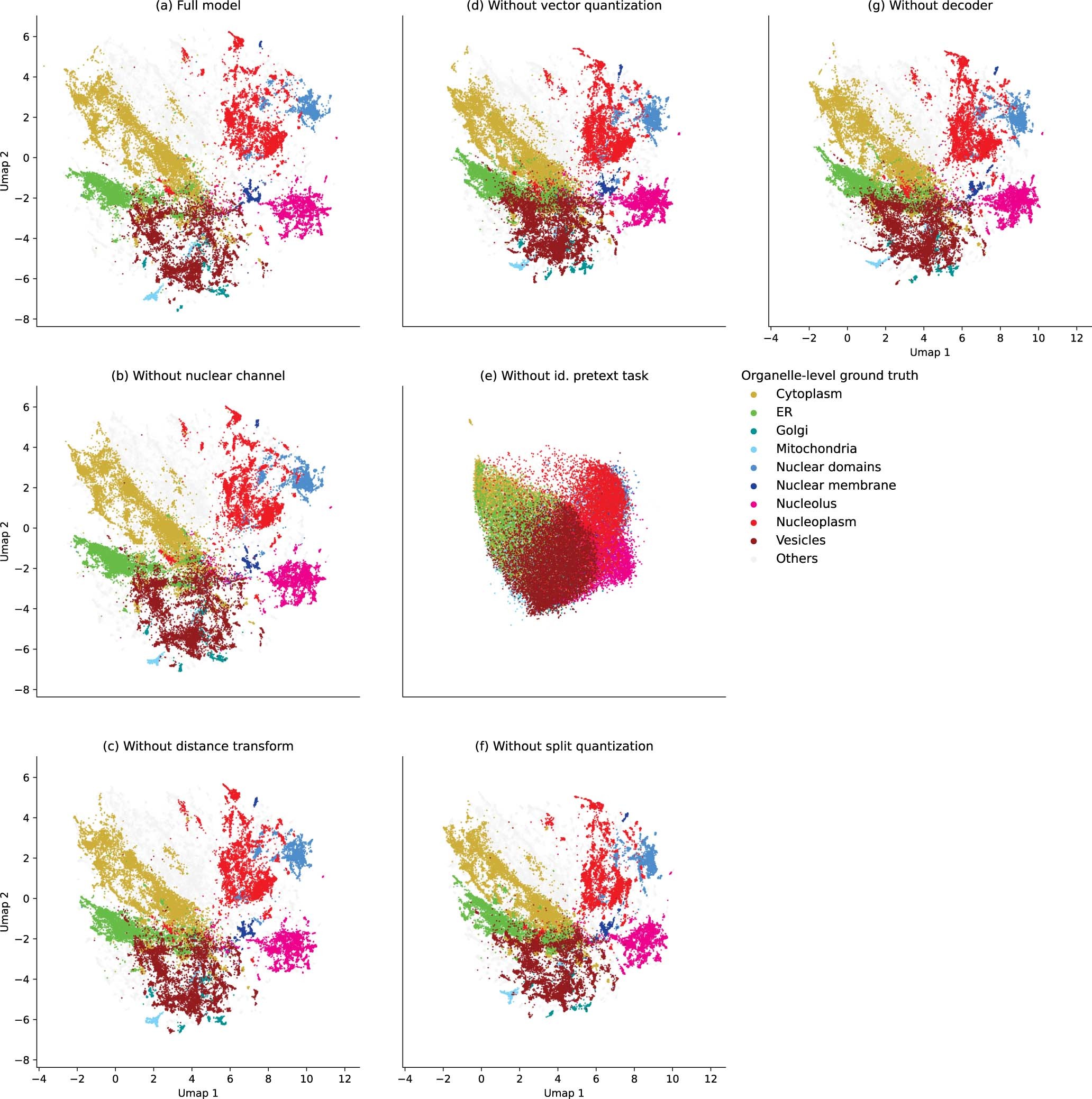Extended Data Fig. 3: Identifying the essential components of our model with organelle-level ground truth.