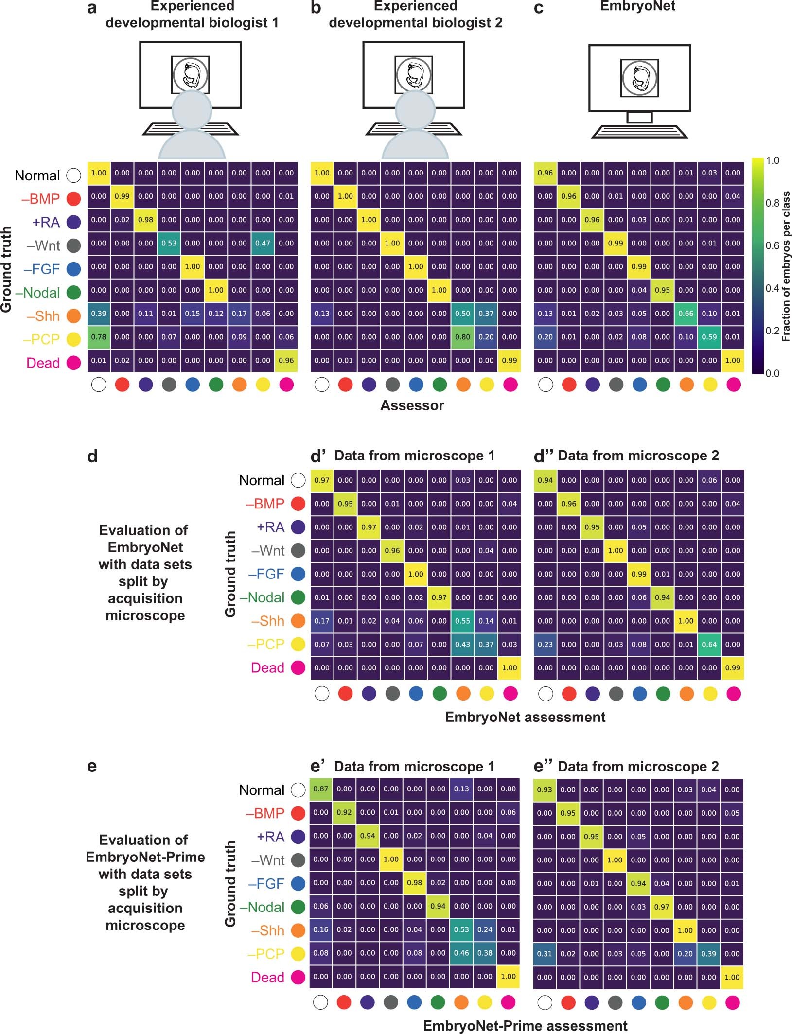 Extended Data Fig. 4: Classification of time-lapse data by experts and EmbryoNet, and classification performance with different microscope data sets.