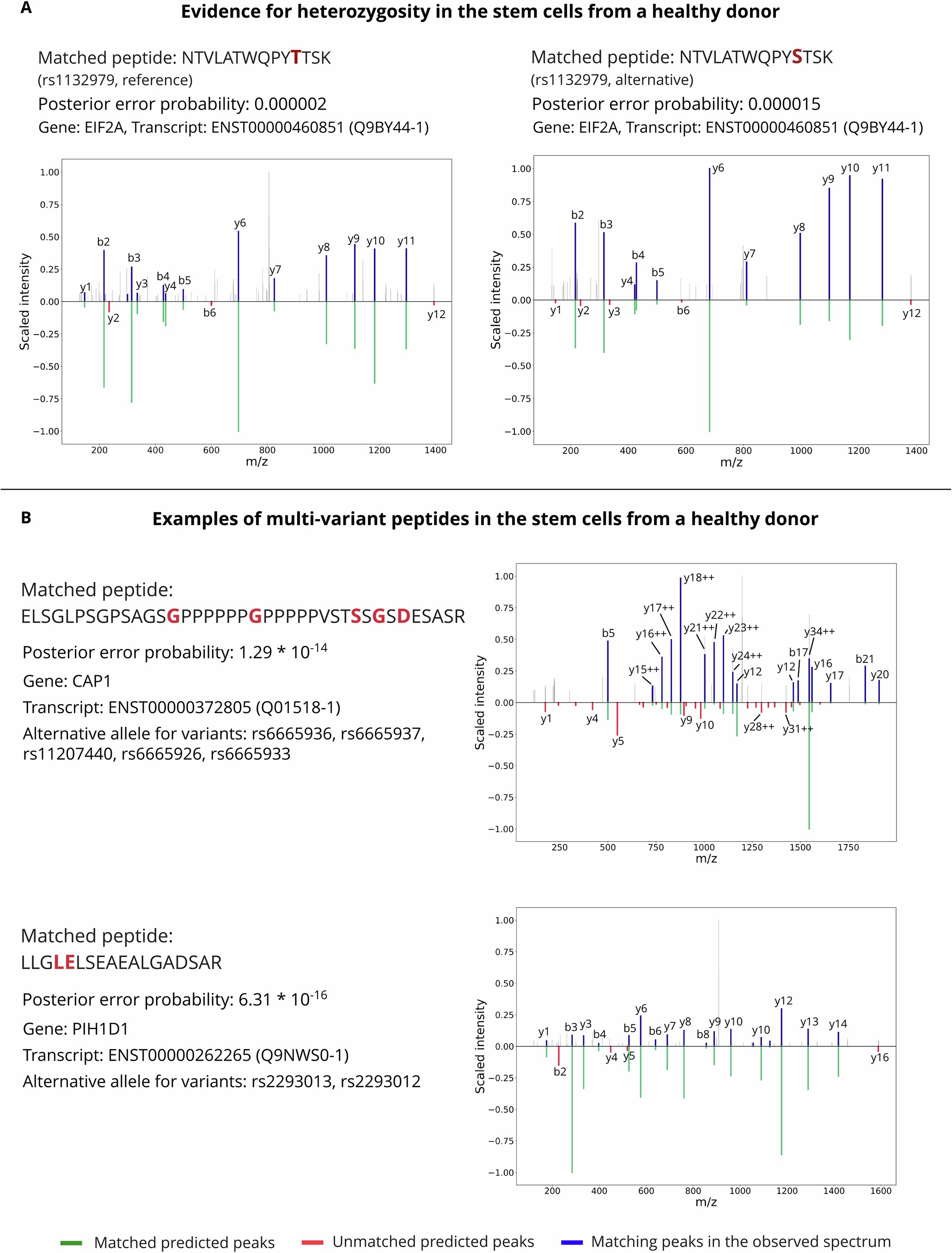 Extended Data Fig. 2: Examples of variant peptide–spectrum matches from the analysis of healthy donor stem cells.