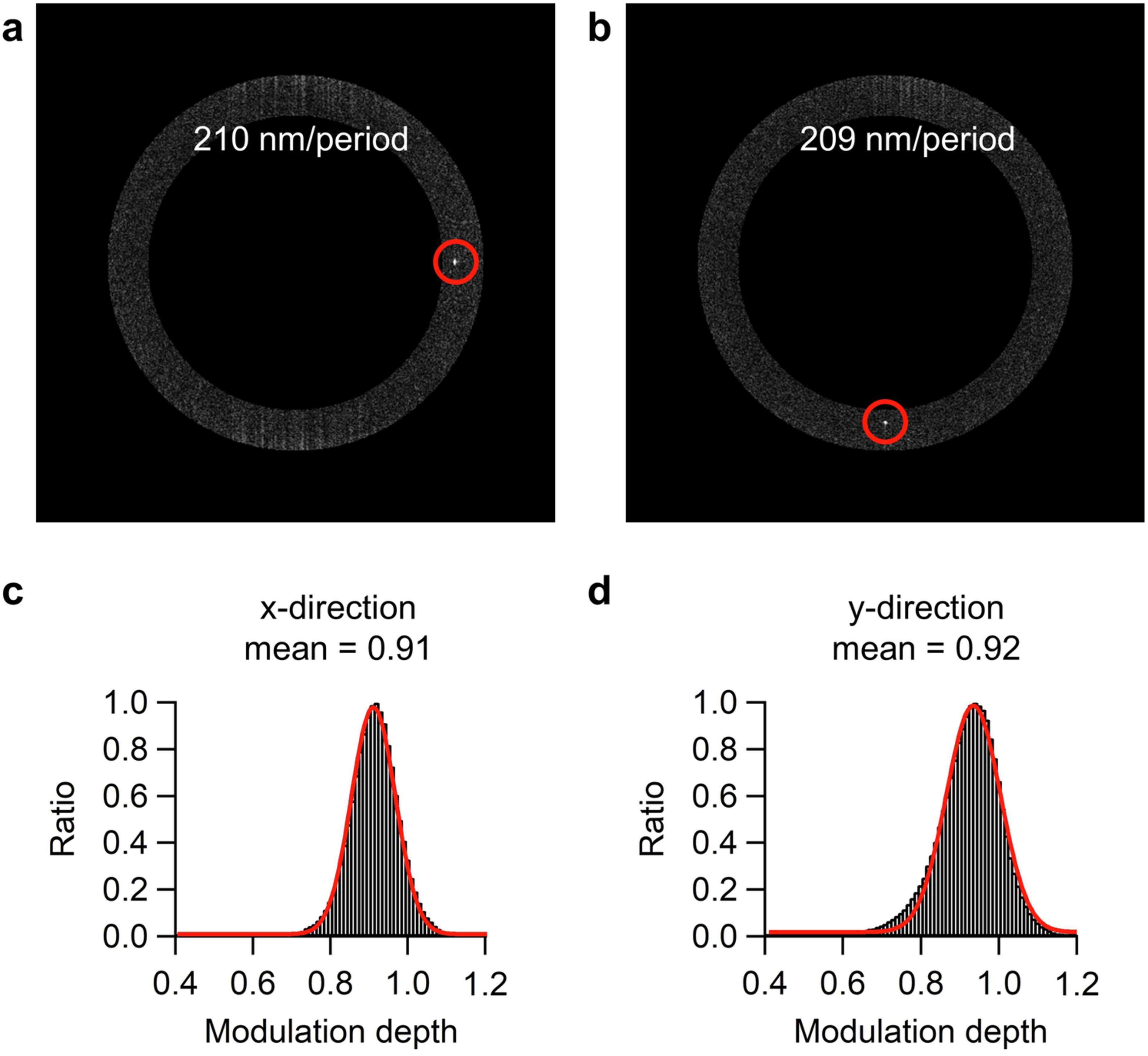 Extended Data Fig. 7: Illumination grating periods and modulation depth of 4Pi-SIMFLUX.
