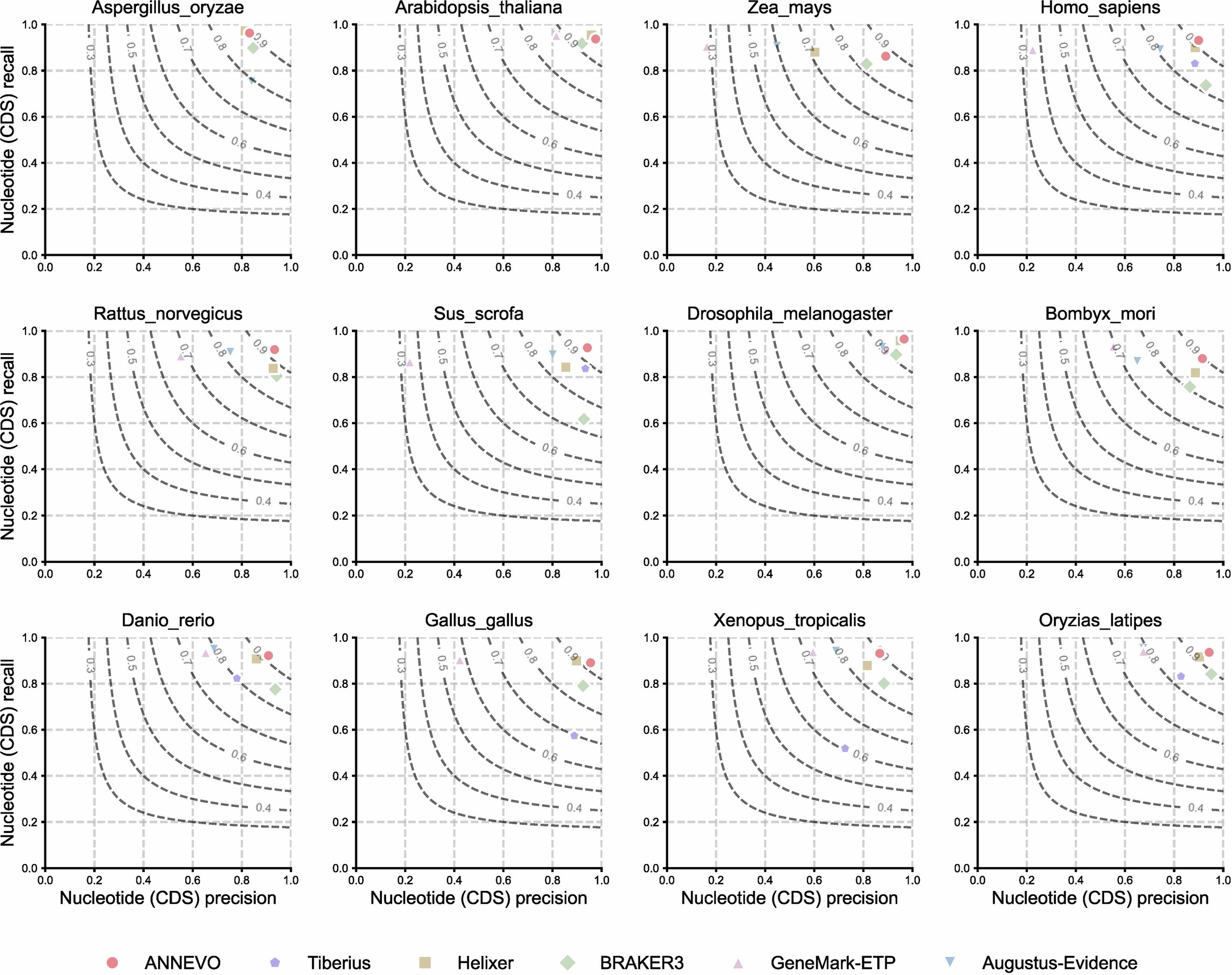 Extended Data Fig. 3: Nucleotide-level performance comparison with evidence-assisted annotation pipelines across 12 model species.