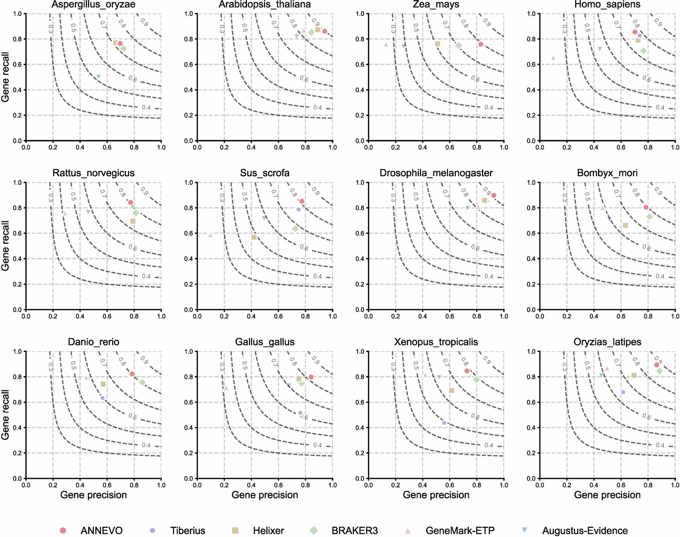 Extended Data Fig. 4: Gene-level performance comparison with evidence-assisted annotation pipelines across 12 model species.