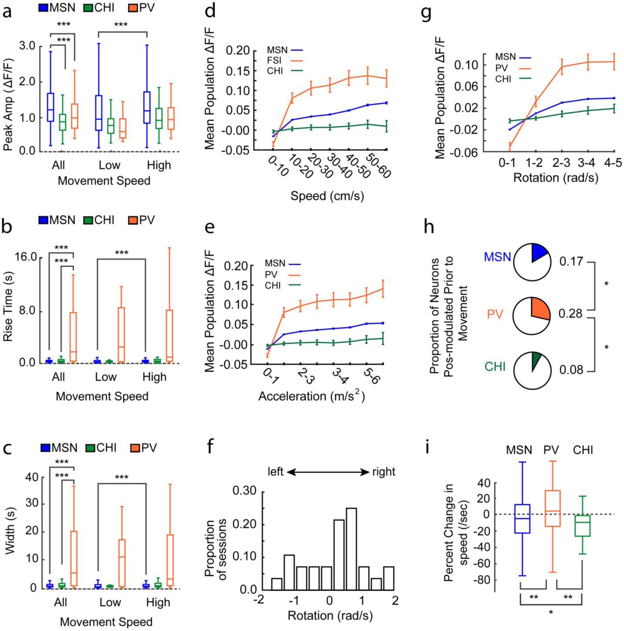 Supplementary Figure 2: Changes in calcium event amplitude, rise time, and width during movement; and correlations with movement acceleration, velocity, and rotation.