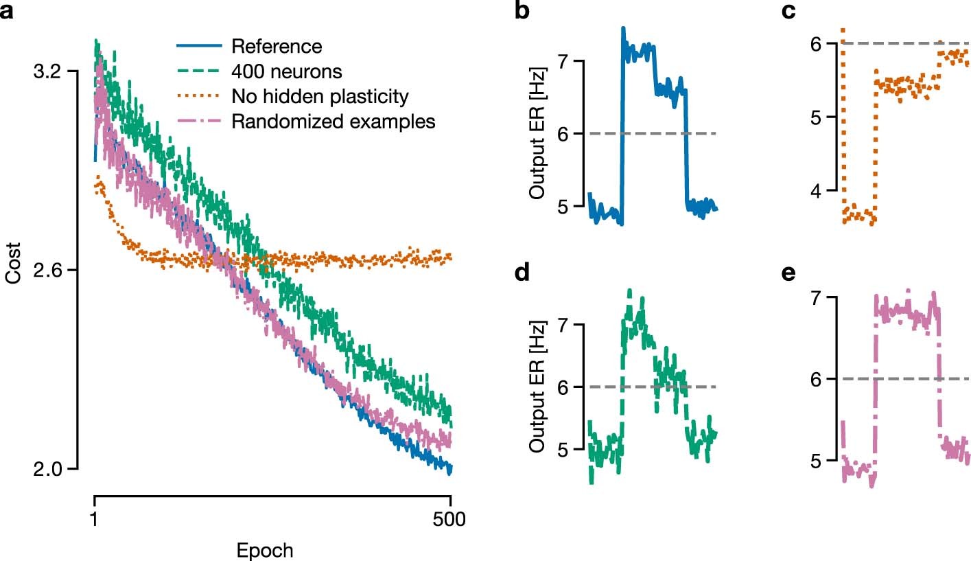 Extended Data Fig. 1: Effects of population size, randomized examples and absence of hidden-layer plasticity on the XOR task.