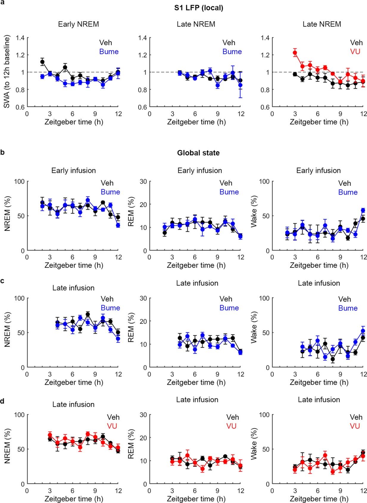 Extended Data Fig. 6: Local NREM SWA and vigilance state distribution following bumetanide or VU infusion.