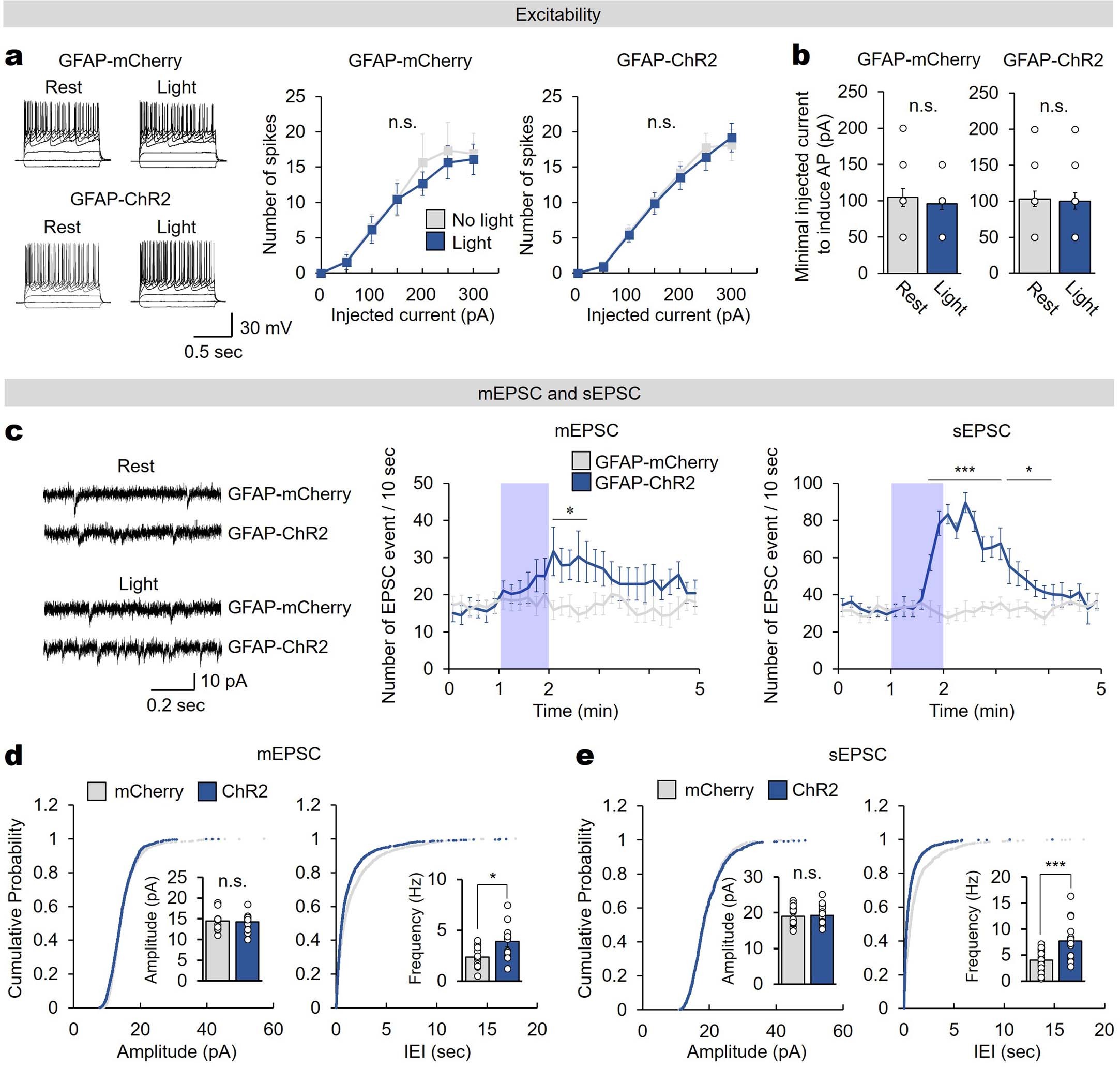 Extended Data Fig. 5: Optogenetic activation of dmPFC astrocytes increases the excitatory synaptic input without affecting neuronal excitability.