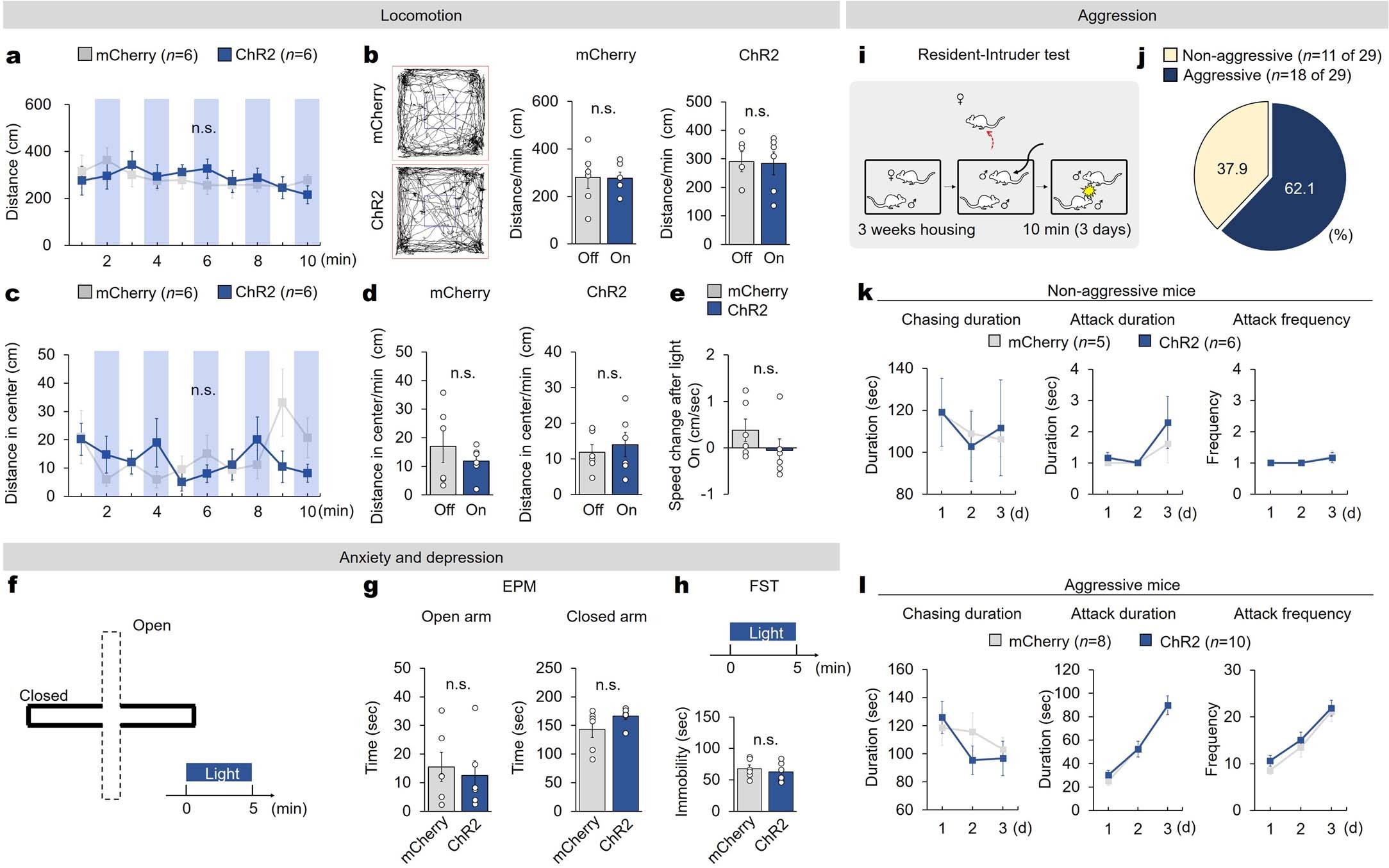 Extended Data Fig. 6: Optogenetic dmPFC astrocyte activation does not alter locomotion, anxiety, depression, or aggressive behaviors.