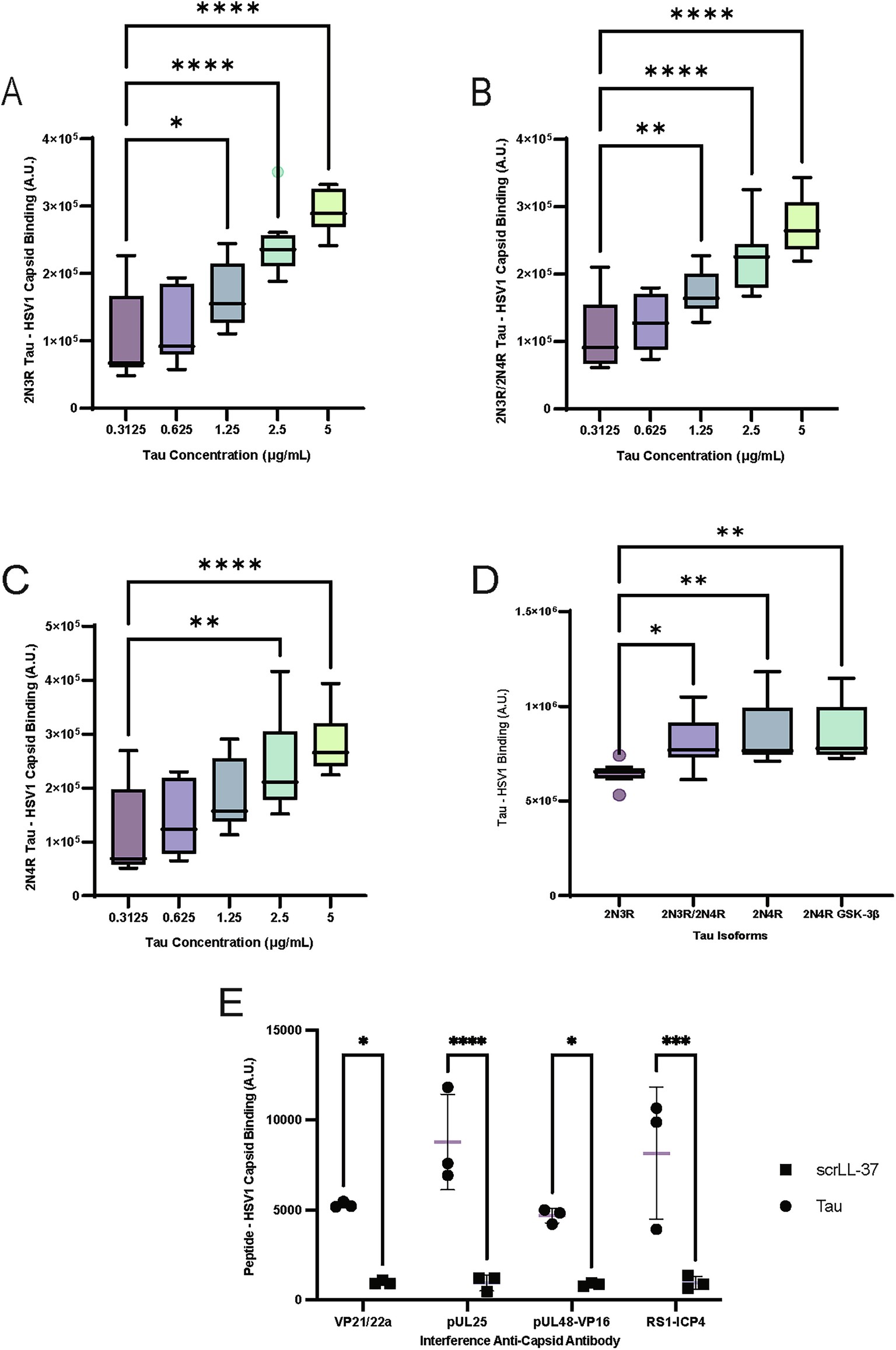 Extended Data Fig. 3: 2N3R tau isoform has the lowest binding affinity to HSV1 compared to other tau isoforms.