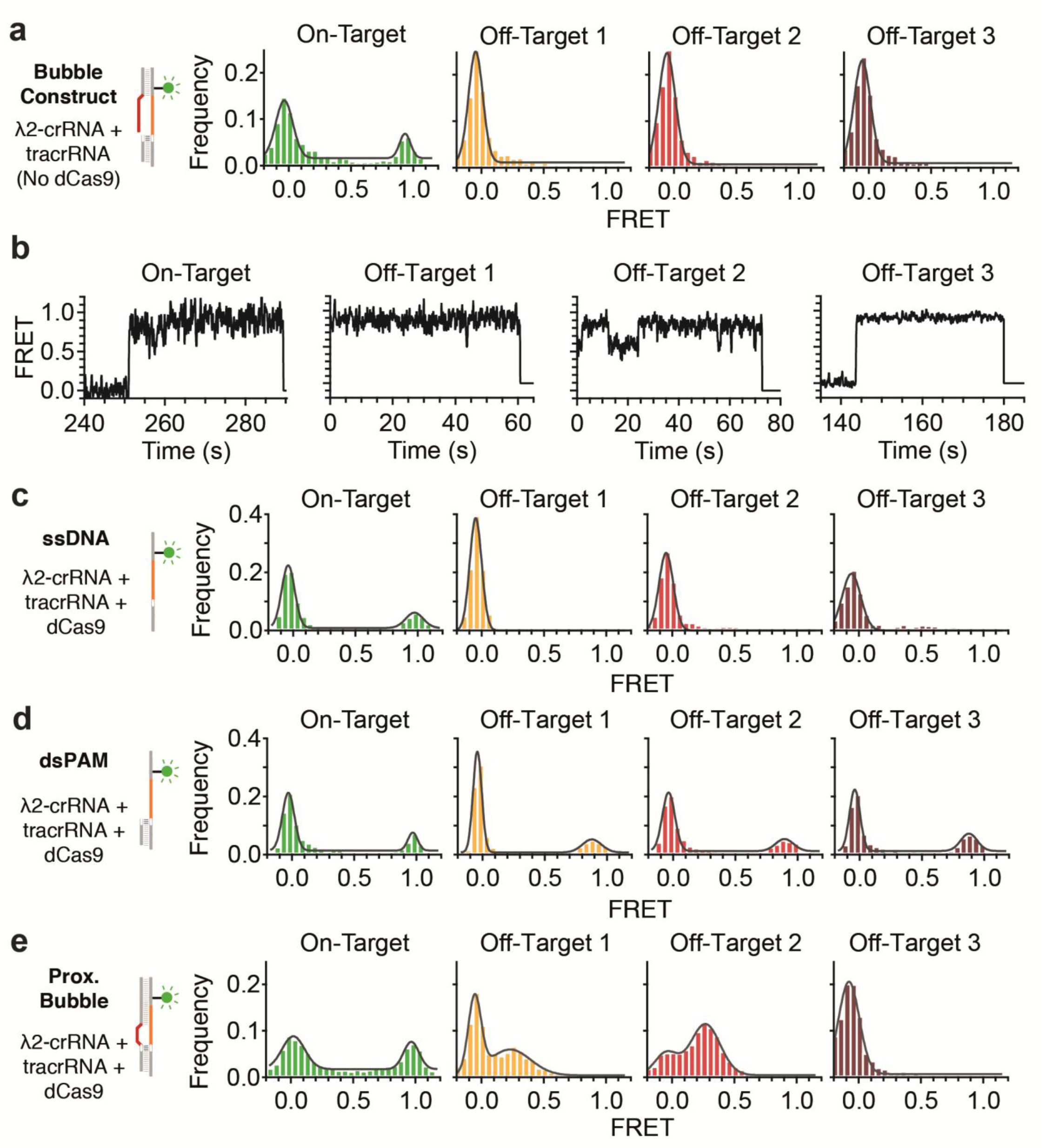 Supplementary Figure 5: Example FRET trajectories for binding to bubble constructs and FRET histograms of crRNA only, double-stranded PAM and ssDNA.