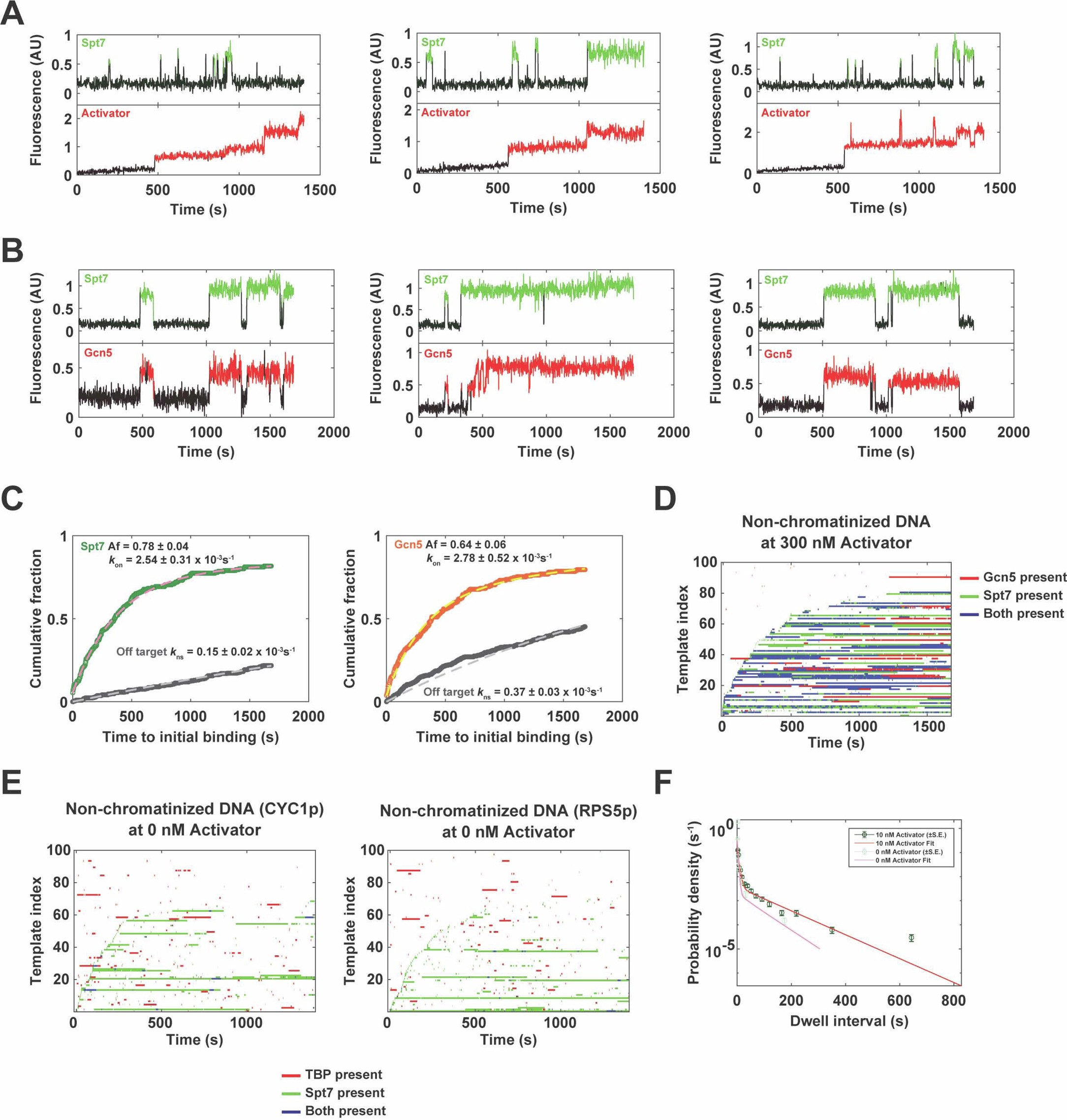 Extended Data Fig. 2: Dynamics of Spt7, Gcn5, and activator binding.