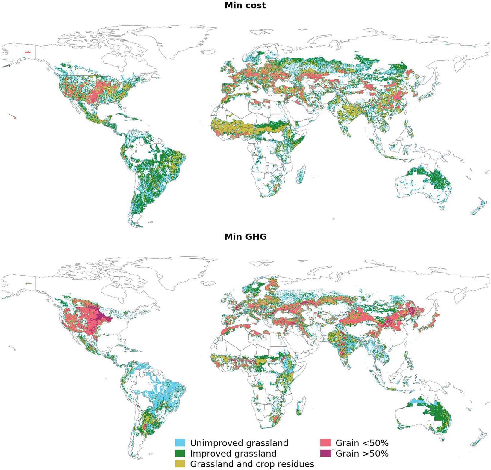 Extended Data Fig. 2: Distribution of feed for two solutions along the Pareto frontier for the National Beef scenario.