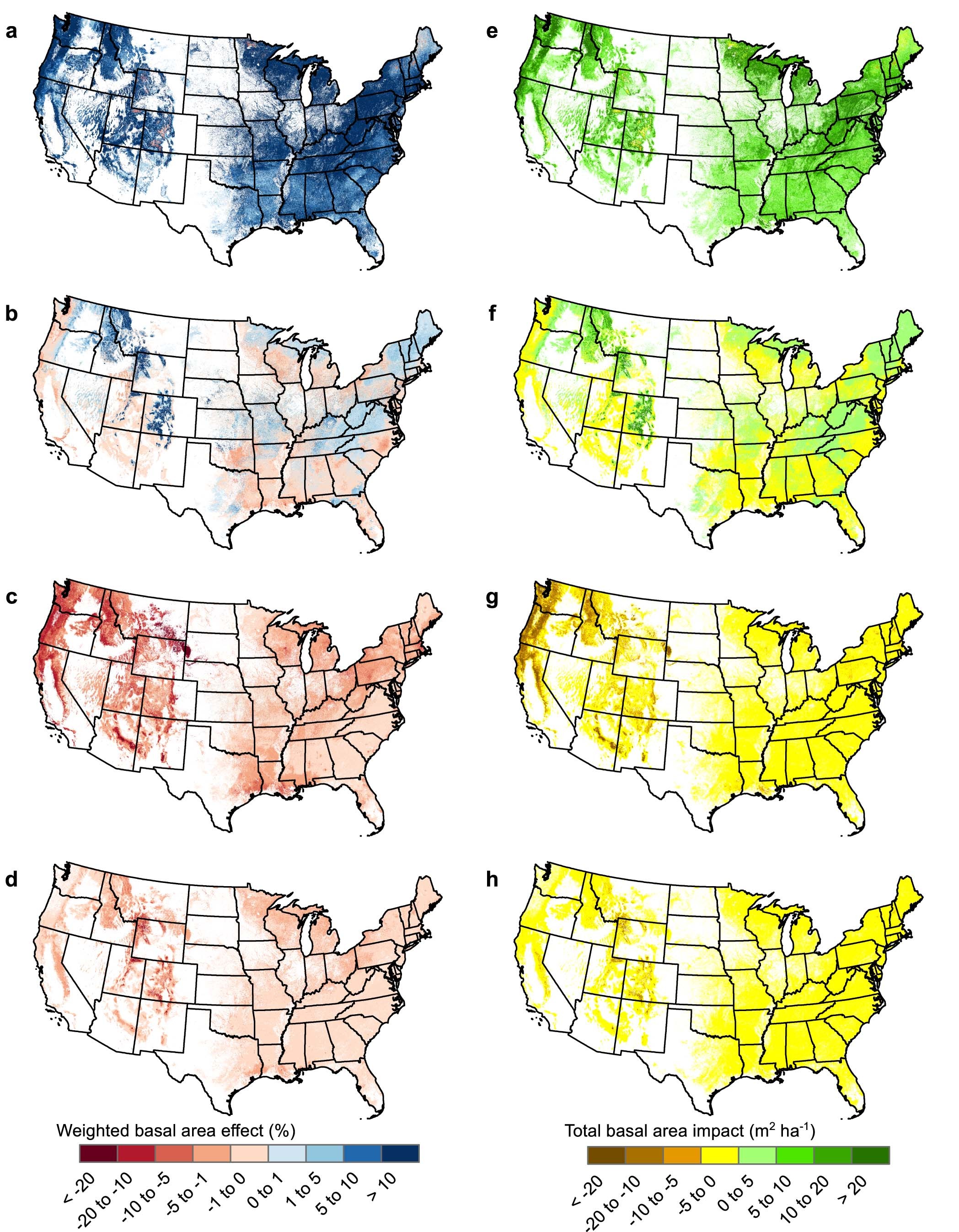 Extended Data Fig. 4: The weighted basal area effects (a-d) and the total basal area impact (e-h due to 2017–2019 average N and S deposition.