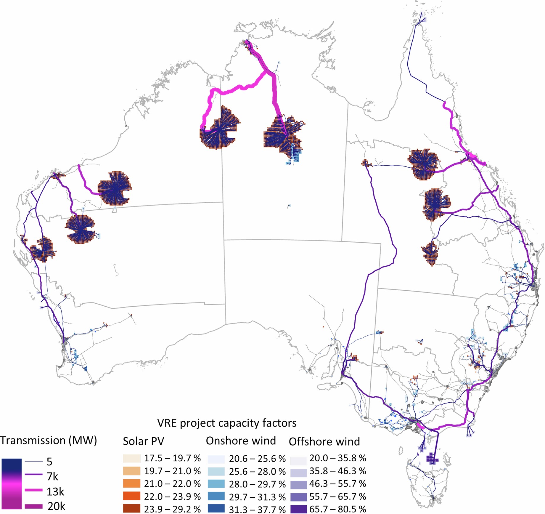 Extended Data Fig. 5: Solar PV, wind and transmission infrastructure siting in 2060 for a high electrification scenario that selects the best national clean energy resources for export.
