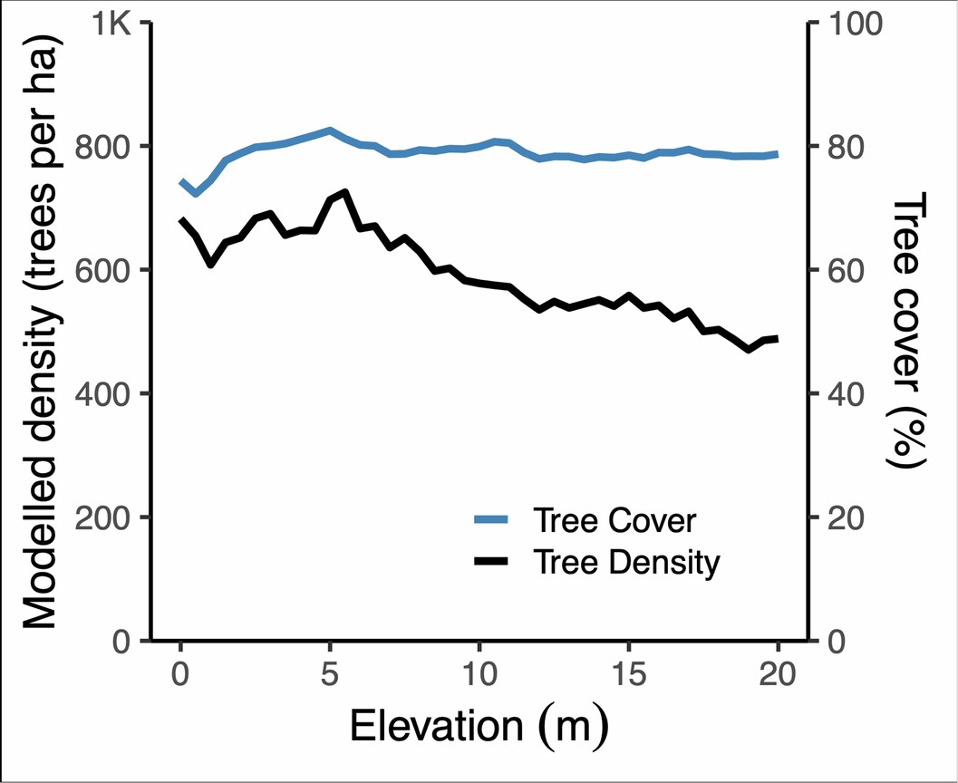Extended Data Fig. 4: Modelled total tree density and tree cover across elevation gradients.
