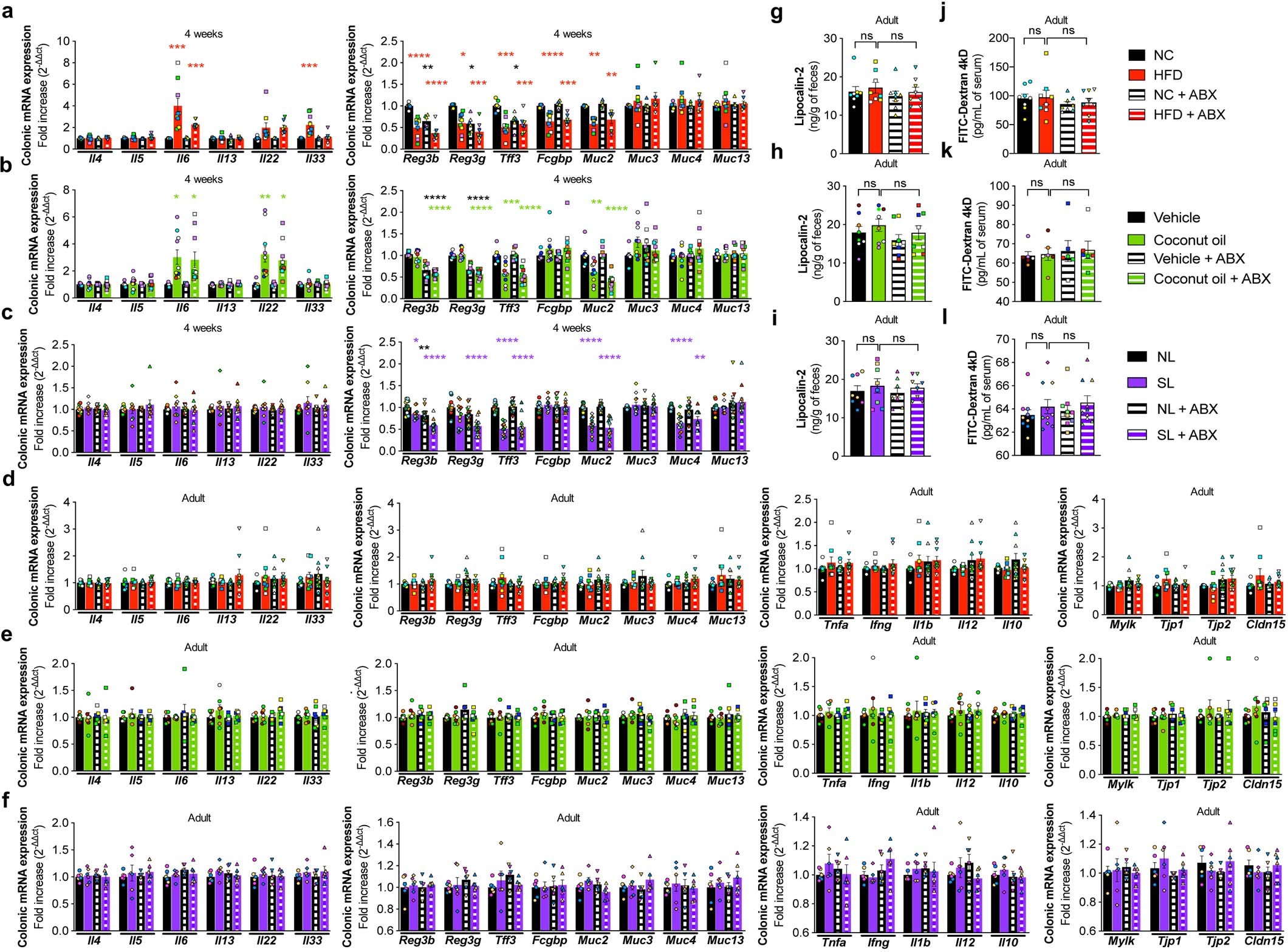 Extended Data Fig. 2: Excessive calorie intake early in life induces gut dysfunctionality that does not persist later in life.