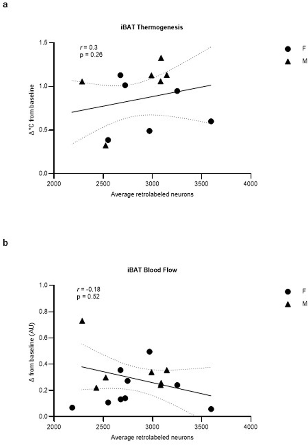 Extended Data Fig. 3: Effects of chemogenetic stimulation of SNS projections to iBAT are not proportional to the number of neurons infected.