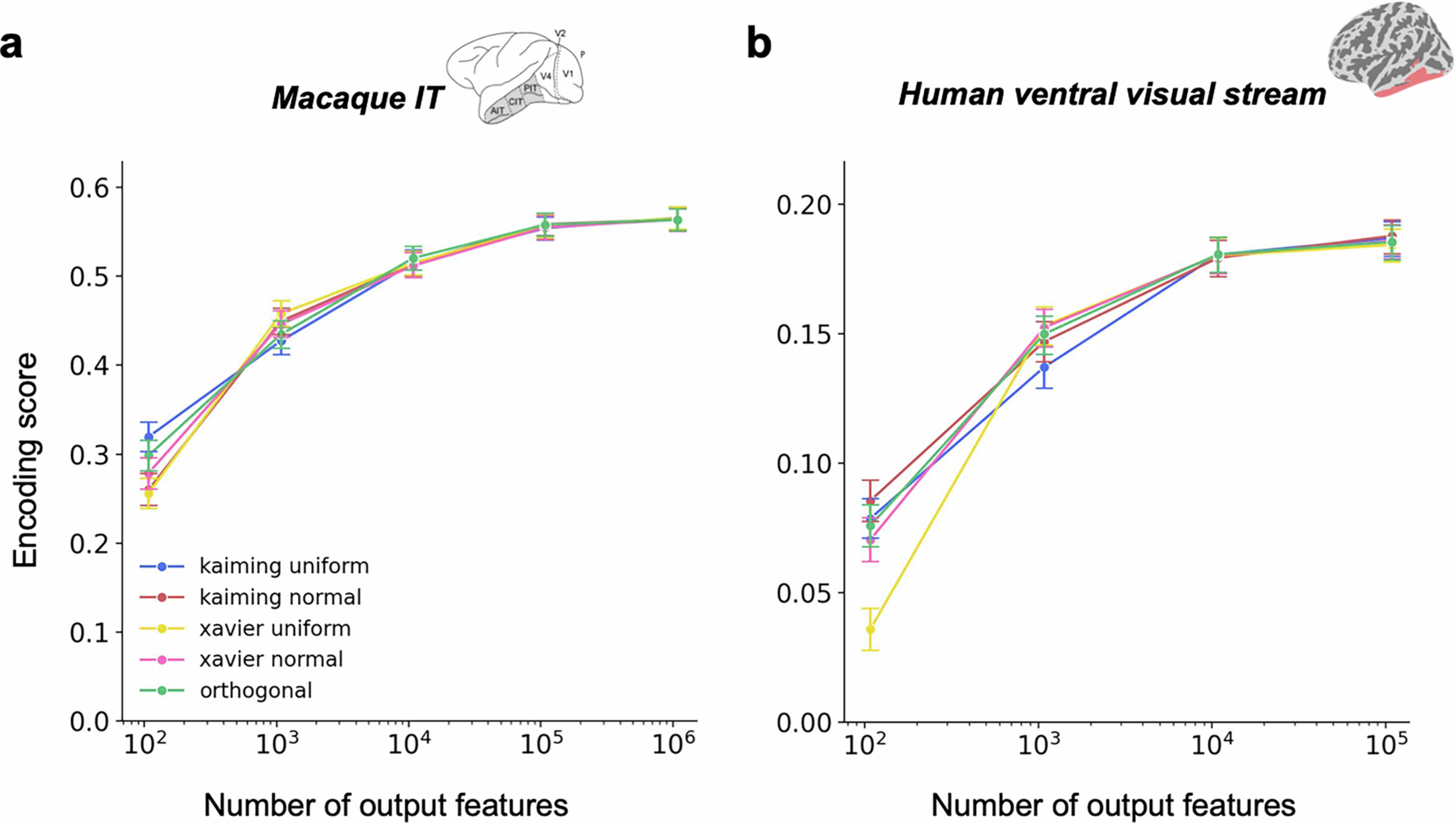 Extended Data Fig. 9: Different random initialization methods yield similar encoding performance for the untrained convolutional neural network.