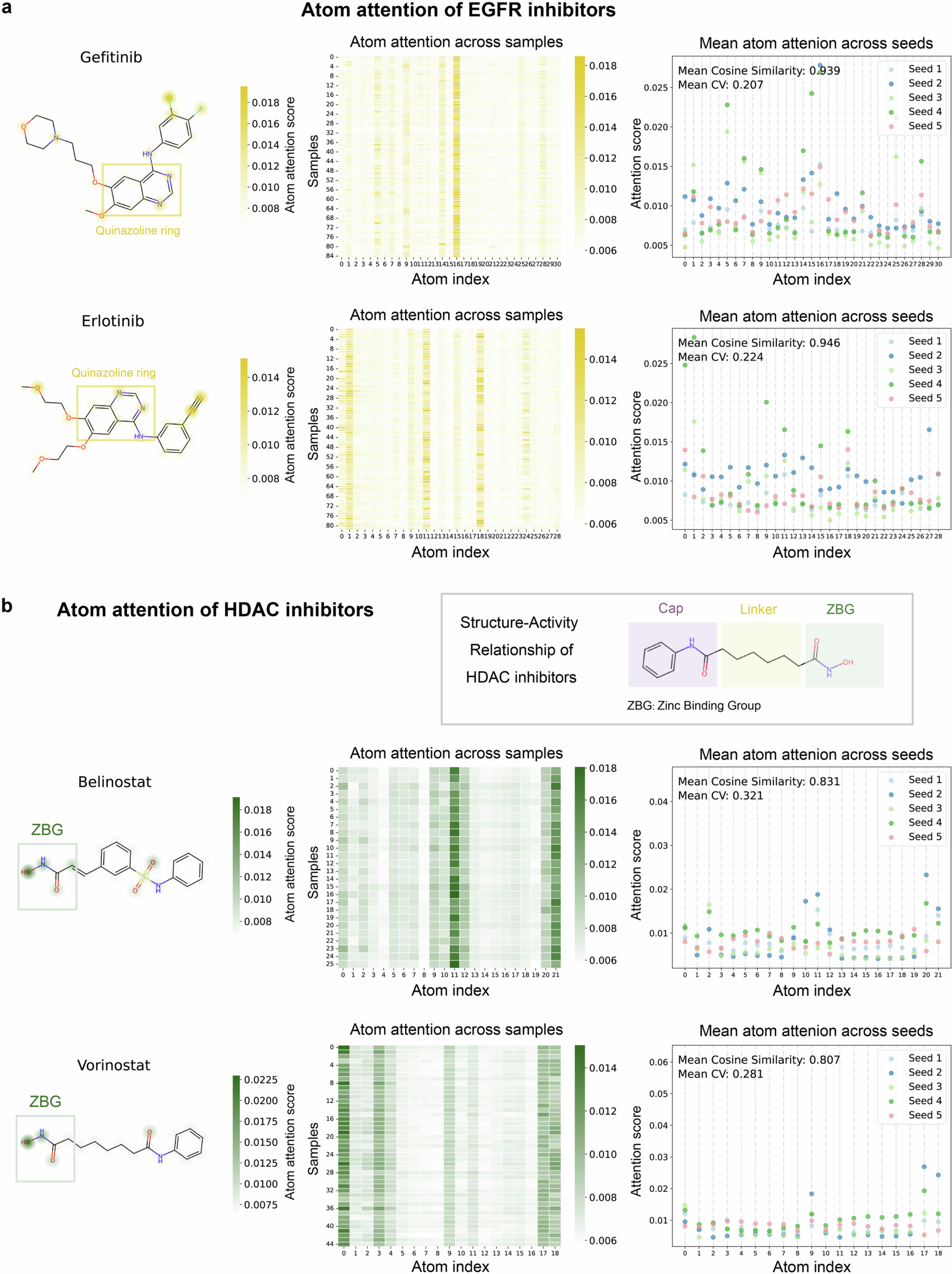 Extended Data Fig. 2: Visualization of XPert’s learned atomic attention for EGFR and HDAC inhibitors.