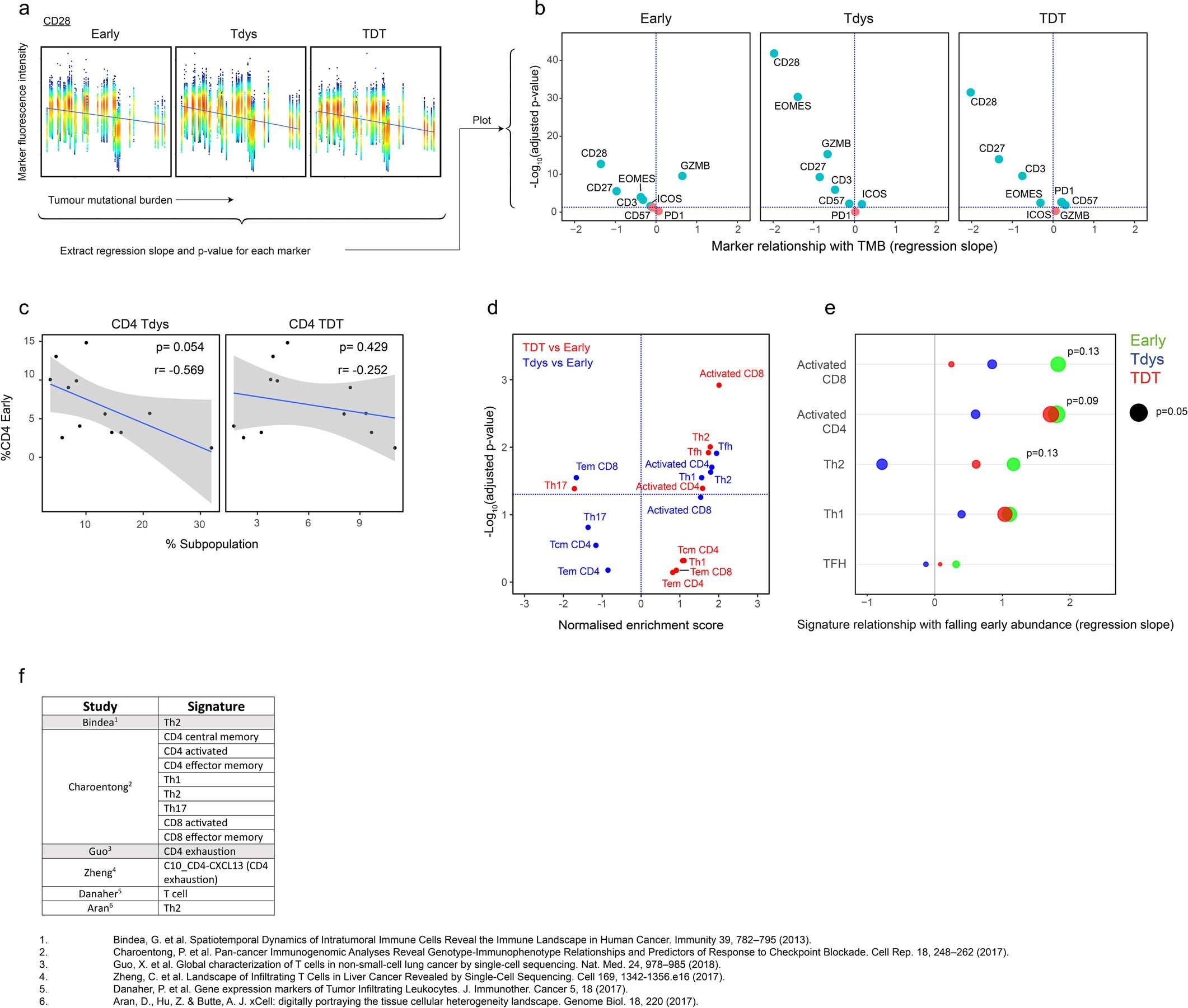Extended Data Fig. 10: Marker and transcriptional changes within the CD4 Early population in relation to TMB and subset abundance.