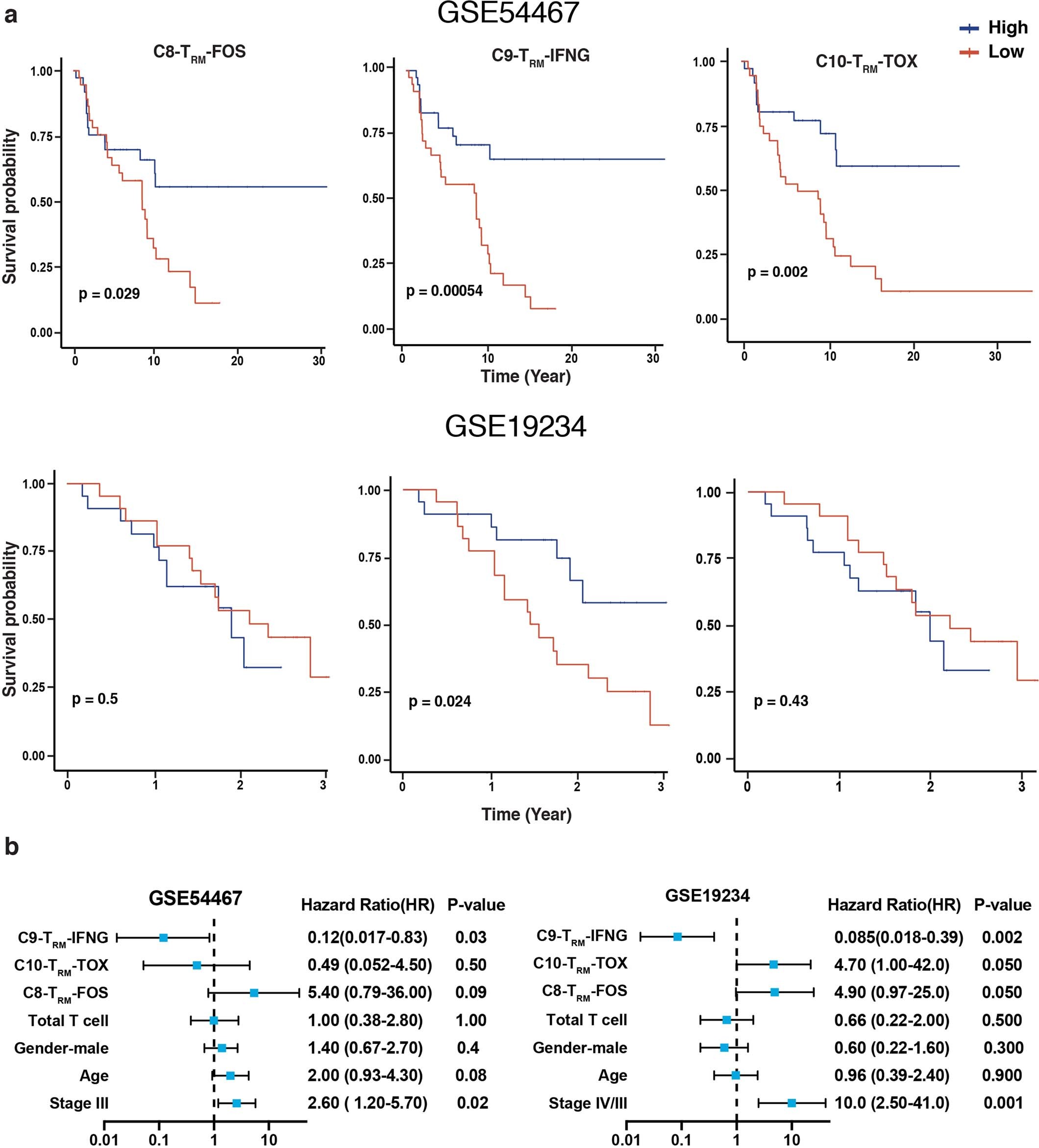Extended Data Fig. 6: TRM-IFNG signature is superior in predicting the survival of stage III/IV melanoma patients.