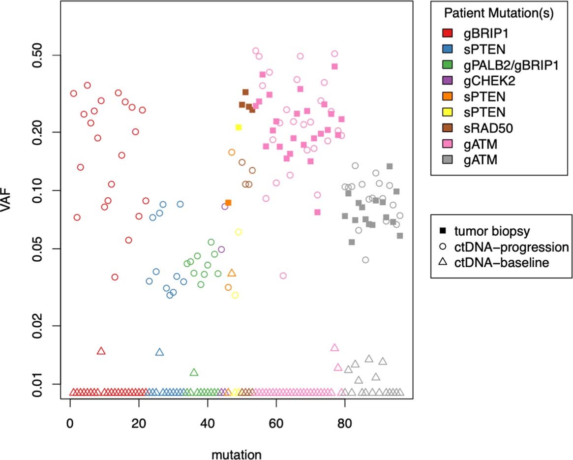 Extended Data Fig. 3: Deleterious ctDNA SNVs enriched at progression in non-responders.