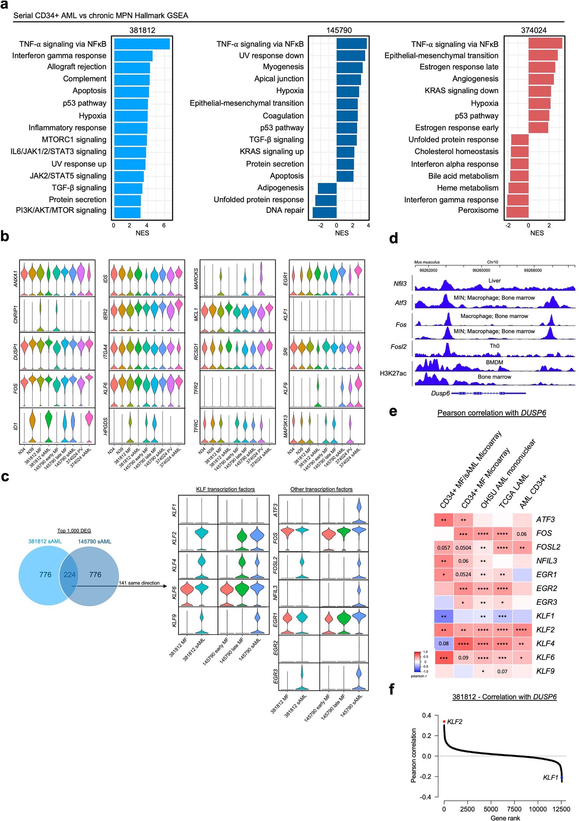 Extended Data Fig. 2: Serial patient CD34 + scRNA sequencing shows elevated DUSP6 along MPN to sAML progression.