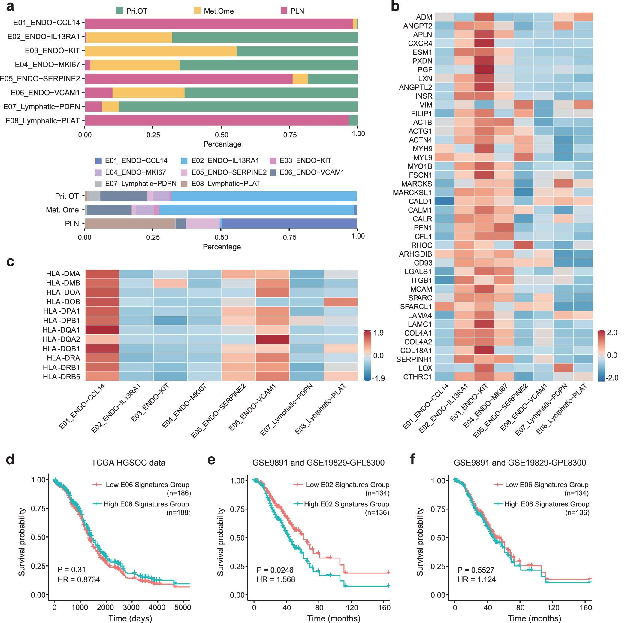 Extended Data Fig. 9: Distribution and gene expressions of endothelial cells as well as association of E02, E06 clusters with HGSOC prognosis.