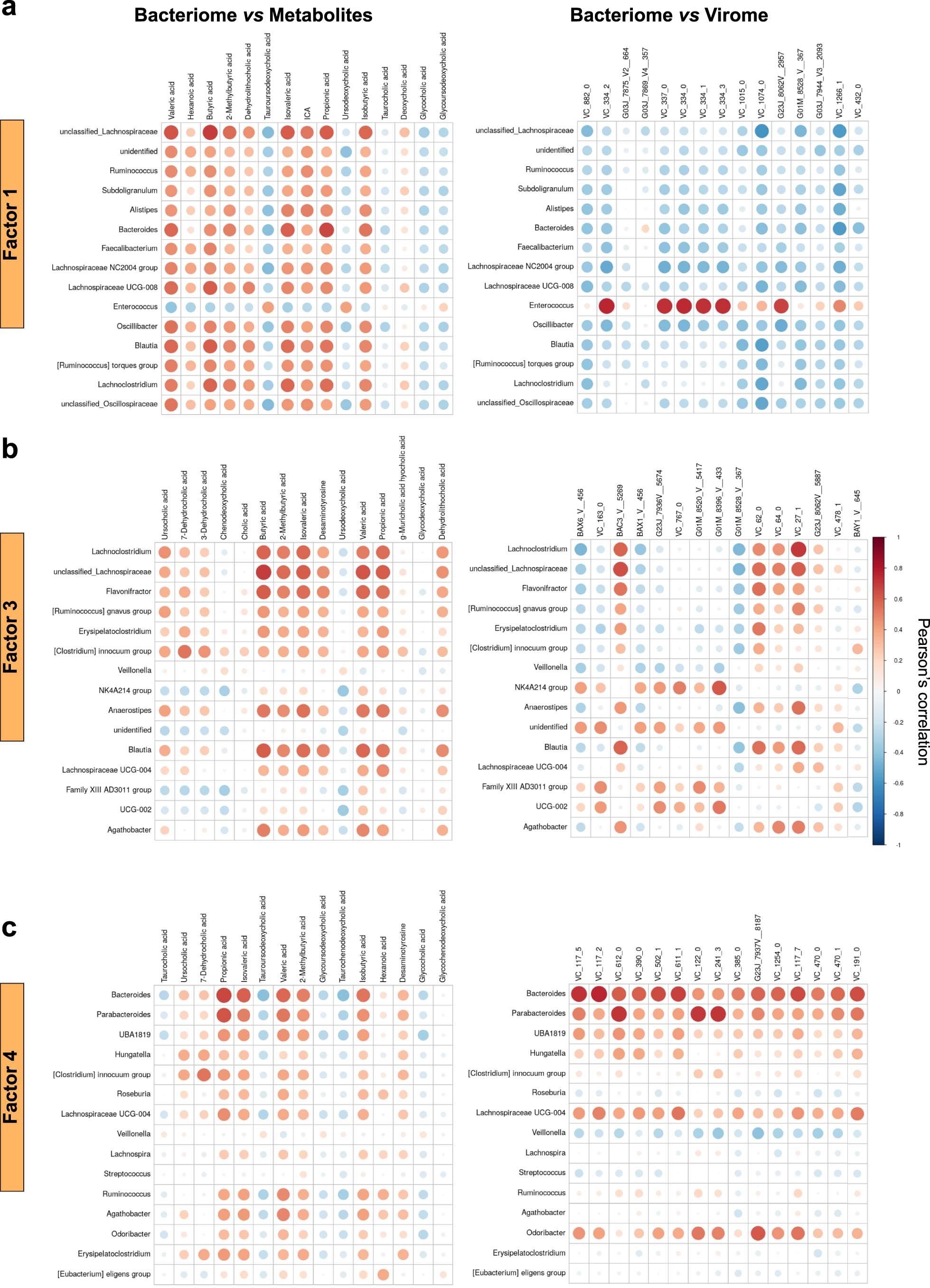 Extended Data Fig. 4: Correlation between top 15 bacterial and metabolite as well as bacterial and viral high-weight Features in Factors 1, 3 and 4.
