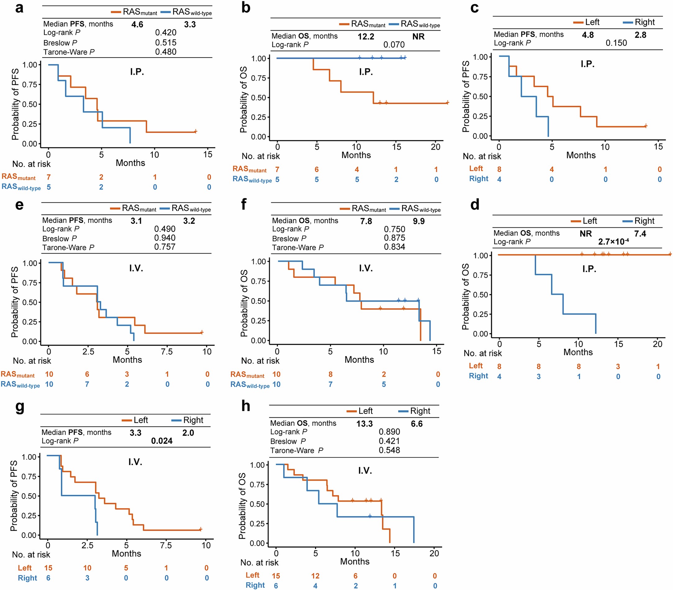 Extended Data Fig. 6: Survival analysis stratified by RAS mutation status and primary tumor sidedness within the CRC cohort.
