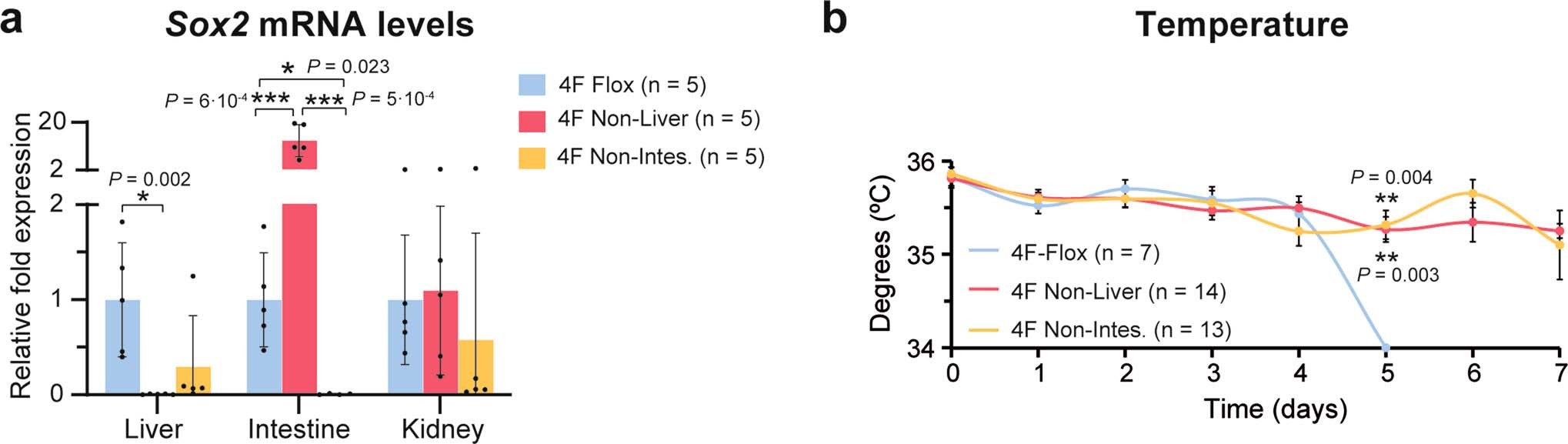 Extended Data Fig. 4: Avoiding the expression of OSKM in liver and intestine diminishes adverse phenotypes and premature death associated with in vivo reprogramming.