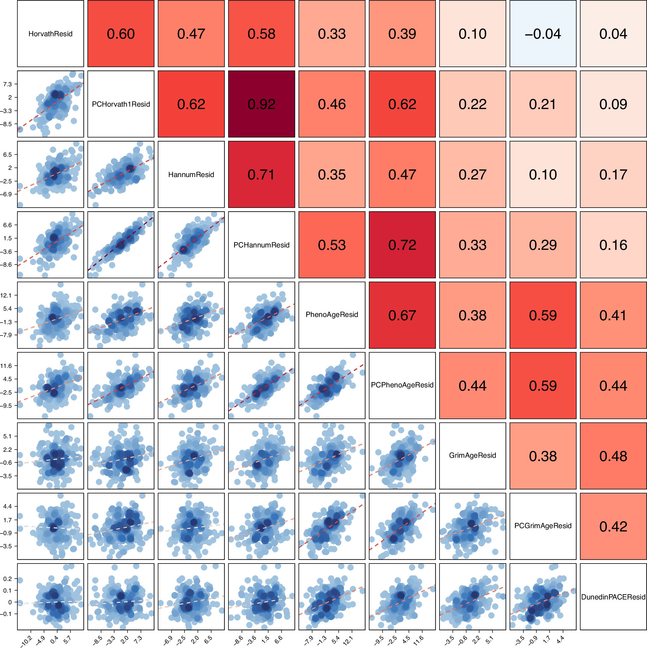 Extended Data Fig. 4: Associations of age-residualized DNA methylation measures of aging with each other.