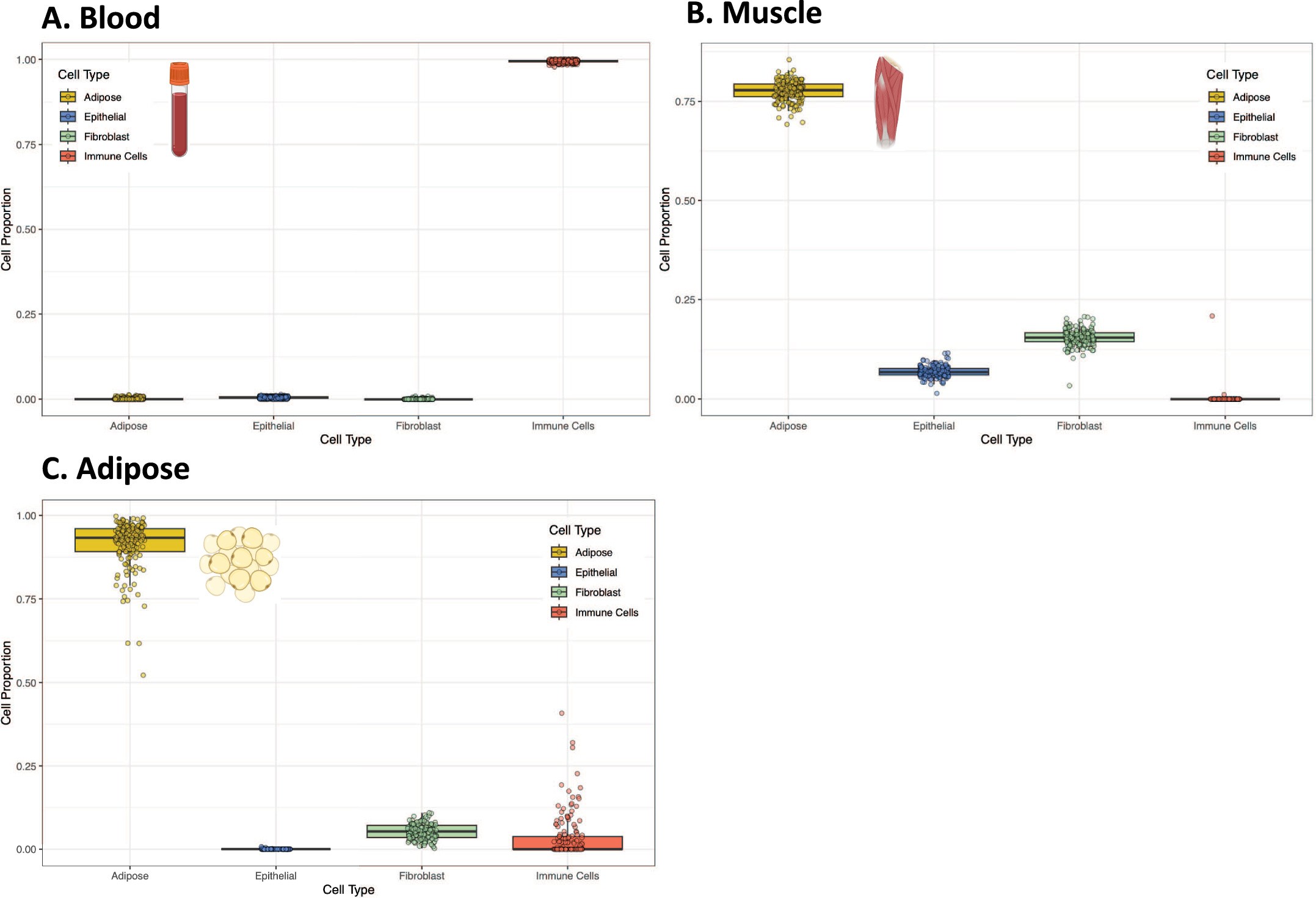 Extended Data Fig. 2 : Estimated cell composition for blood, muscle, and adipose samples based on DNA methylation deconvolution.