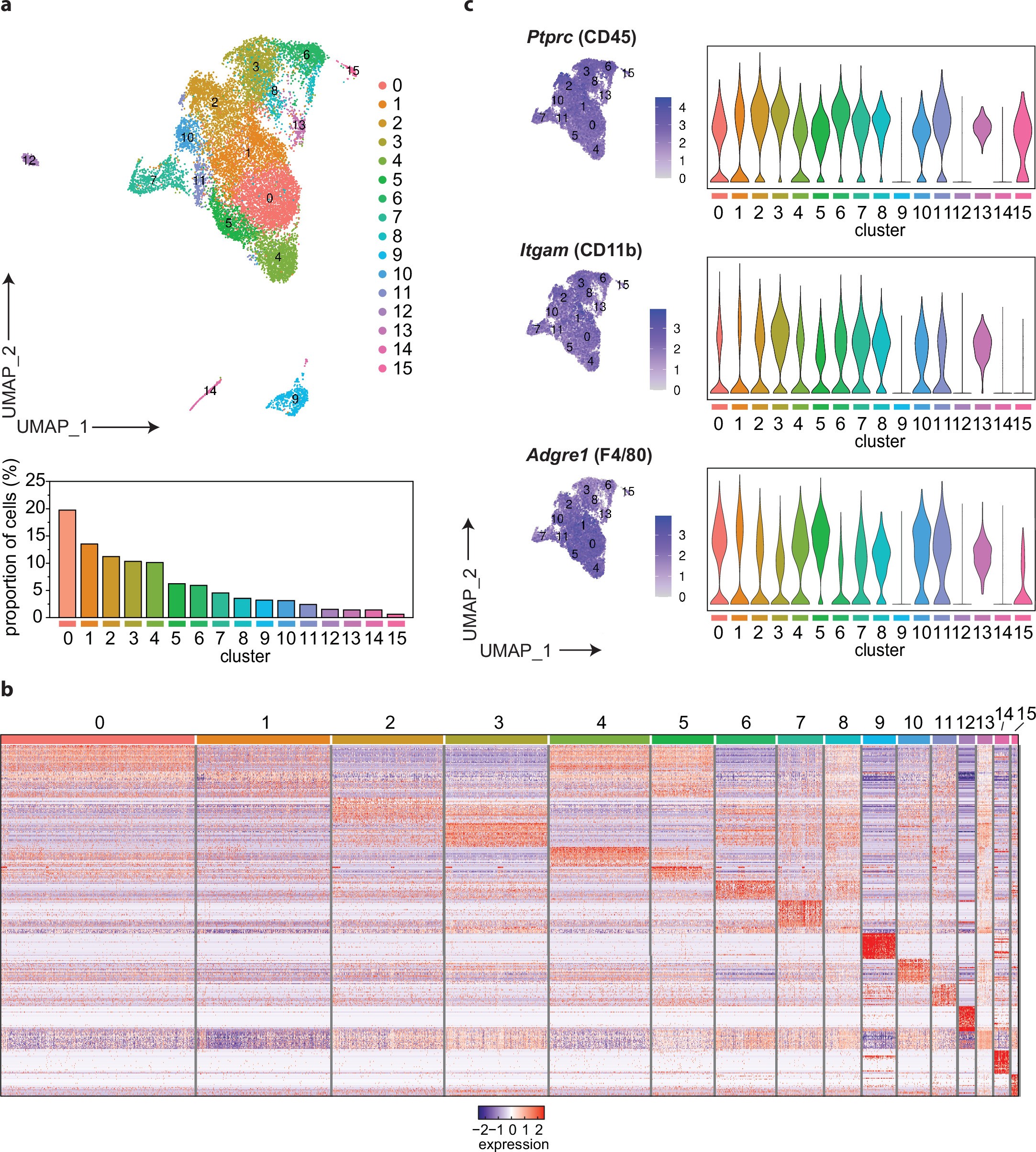 Extended Data Fig. 2: Single cell RNA-sequencing of resident F4/80+CD11b+ cells from the VAT of young and aged males and females identified 16 distinct clusters.