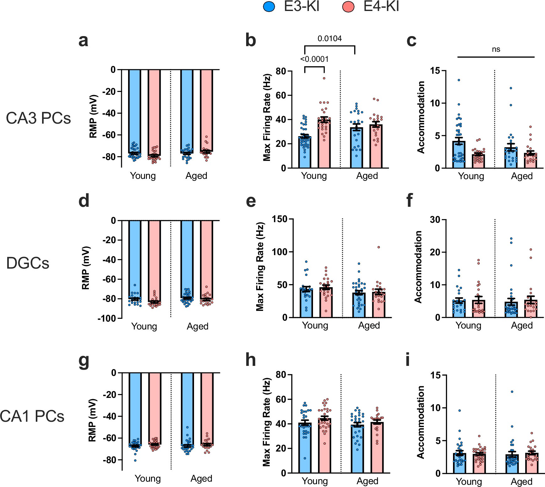 Extended Data Fig. 2: Secondary intrinsic excitability (IE) parameters in hippocampal excitatory neurons from E3-KI and E4-KI mice.