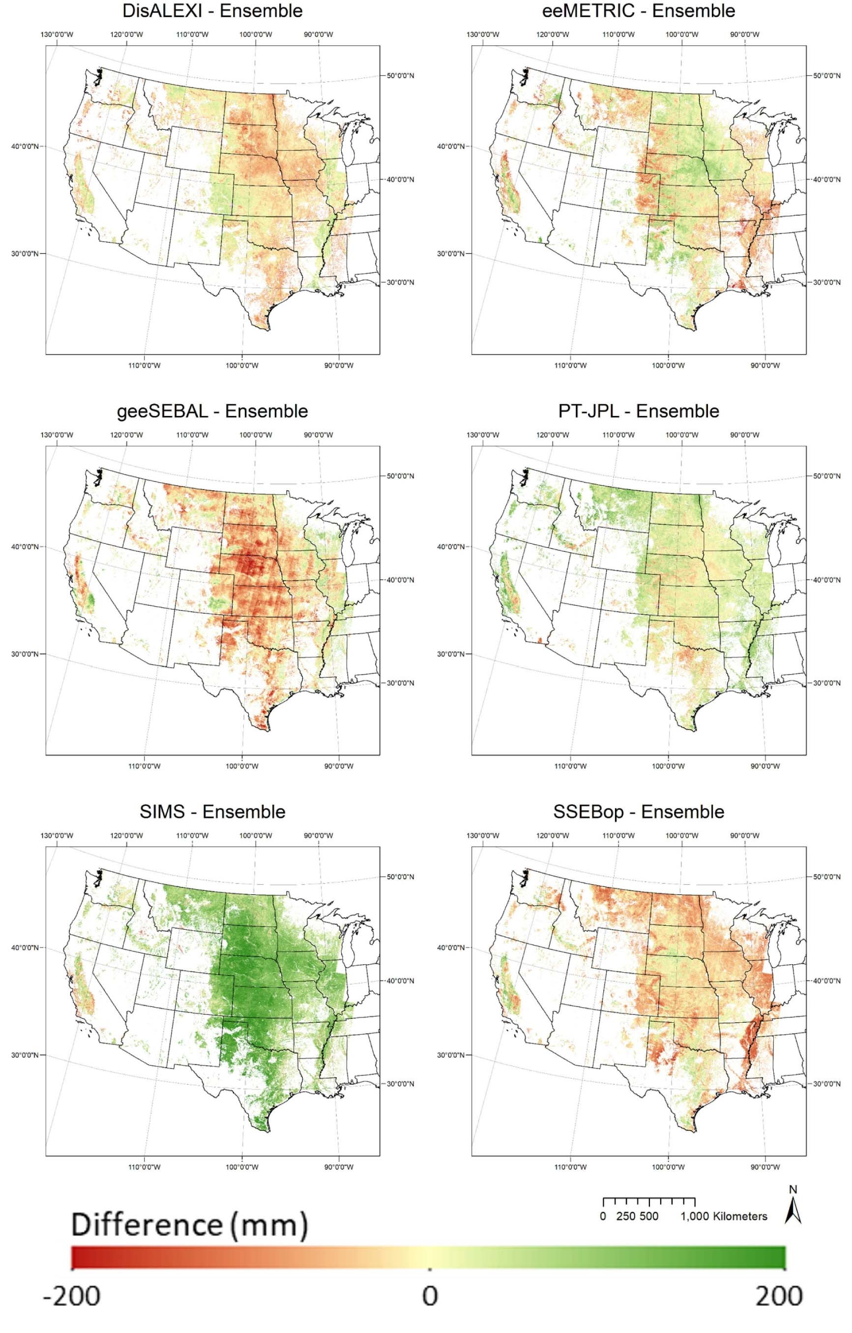 Extended Data Fig. 8: Spatial difference between mean growing season ET for each model from the ensemble value in cropland pixels.
