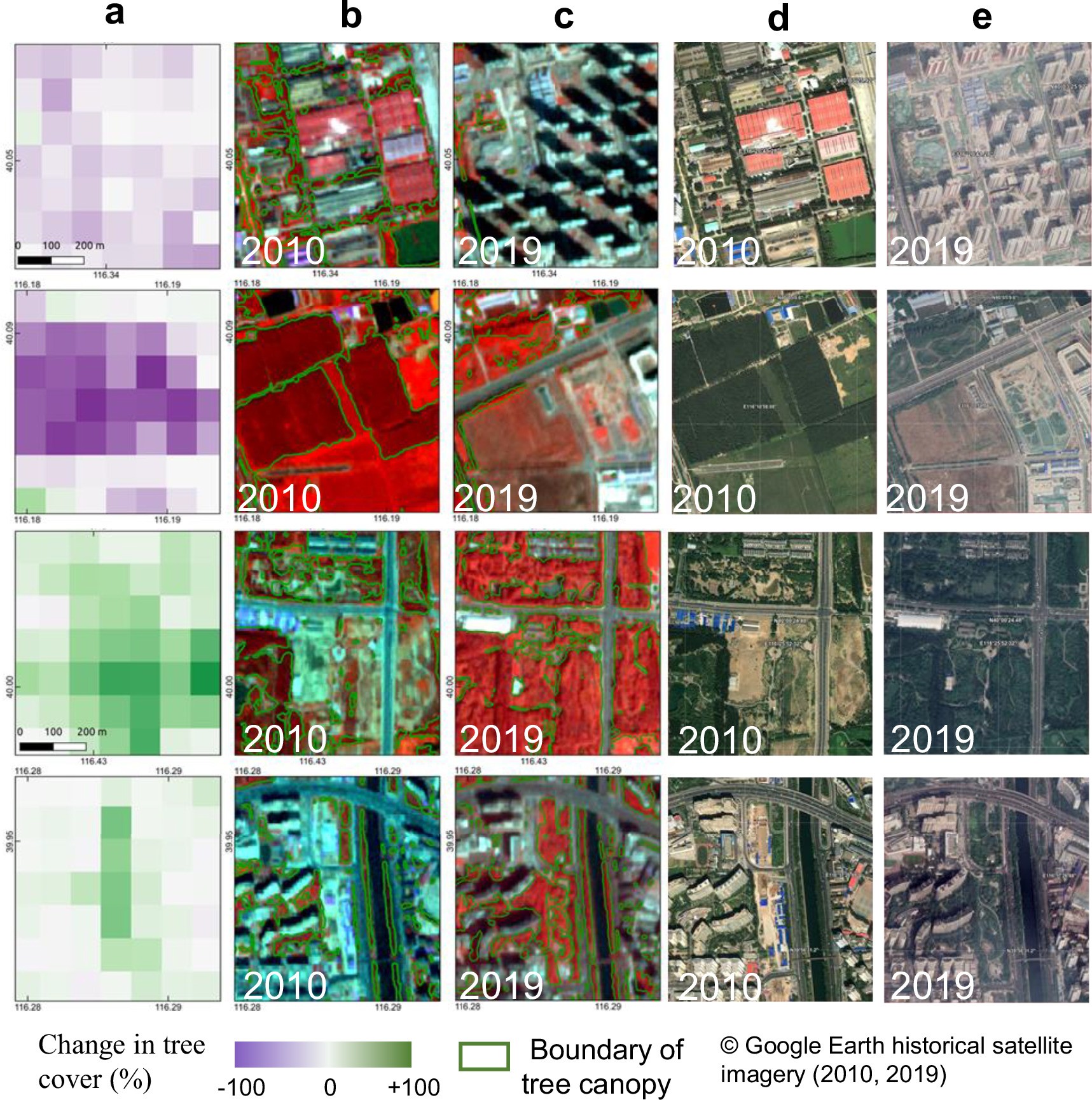 Extended Data Fig. 2: Examples showing changes in tree canopy cover from 2010 to 2019.