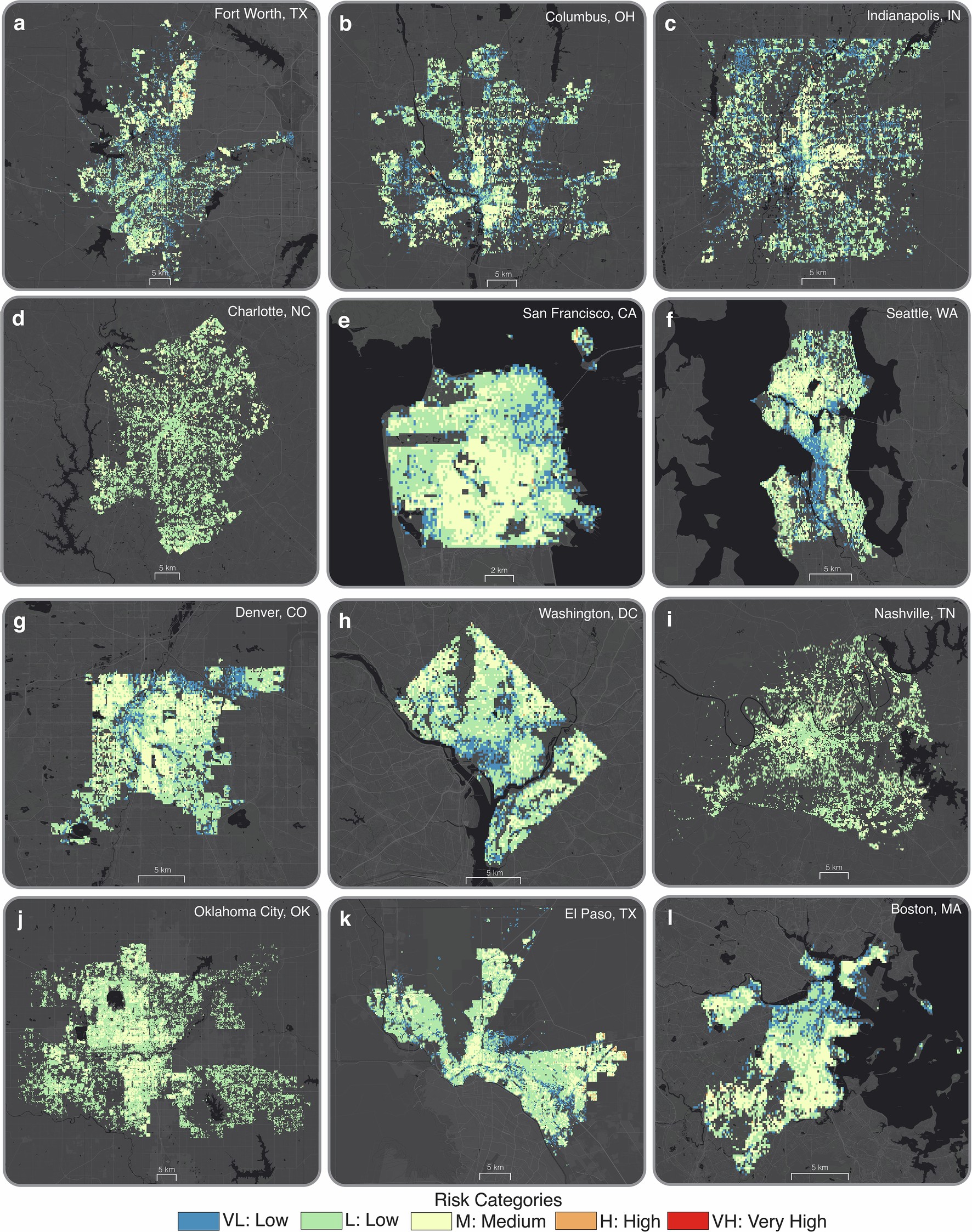 Extended Data Fig. 10: Estimated Risk to Infrastructure across 12 US Cities.