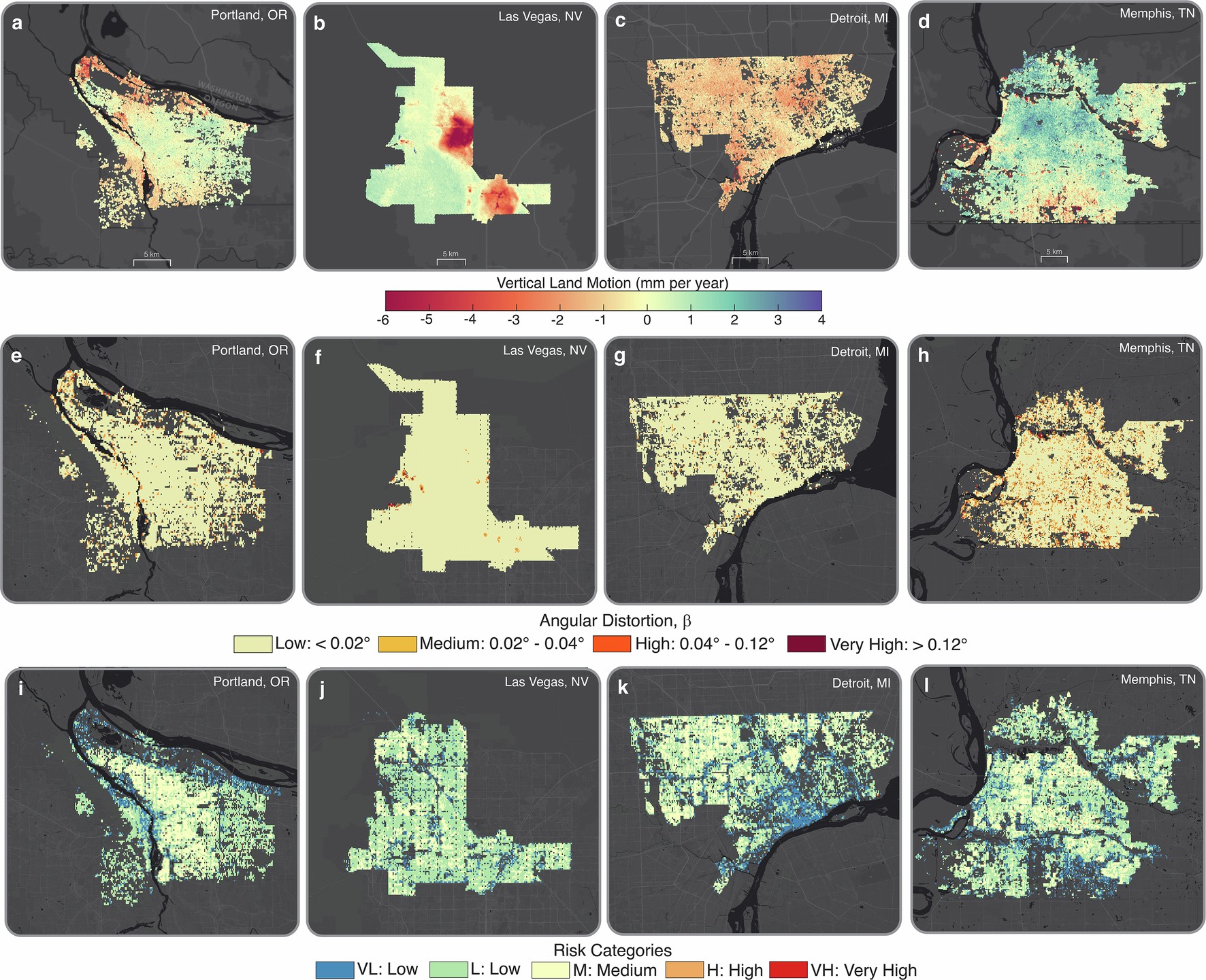 Extended Data Fig. 3: Spatial Vertical Land Motion (VLM), Angular Distortion Hazards, and Risk for US Cities.