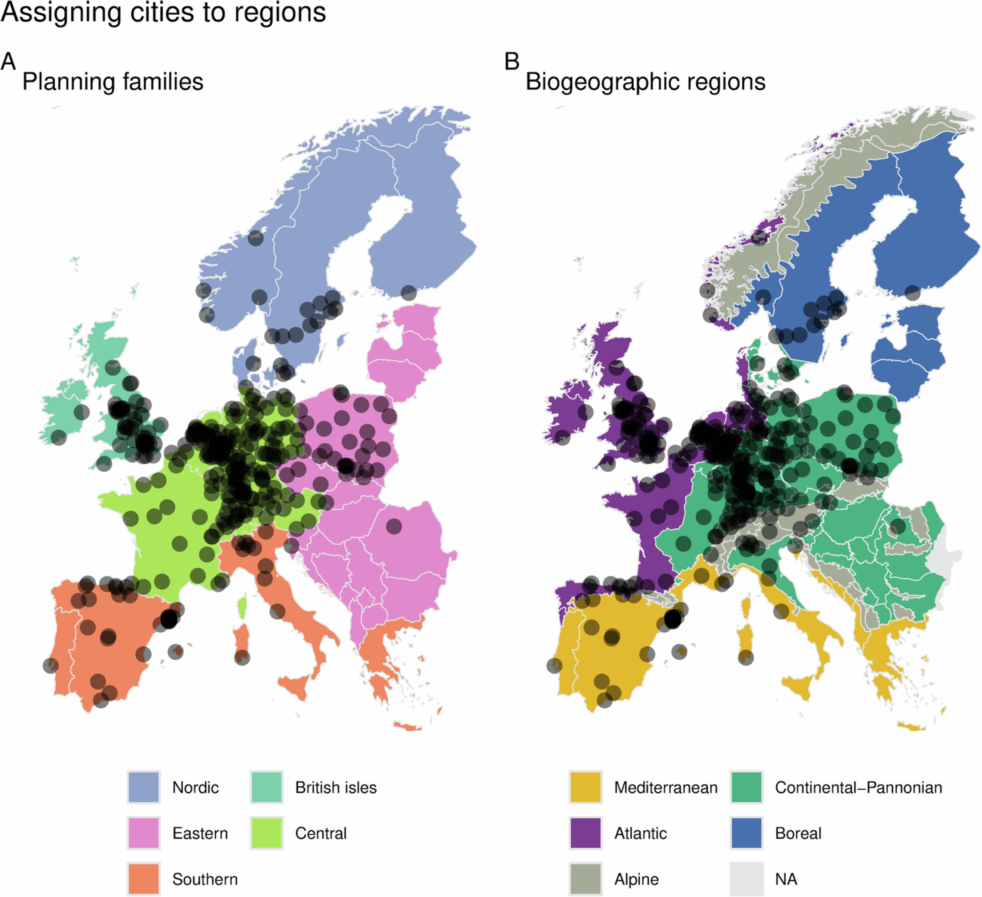 Extended Data Fig. 5: Map of the 326 cities used in the study, and associated regions.