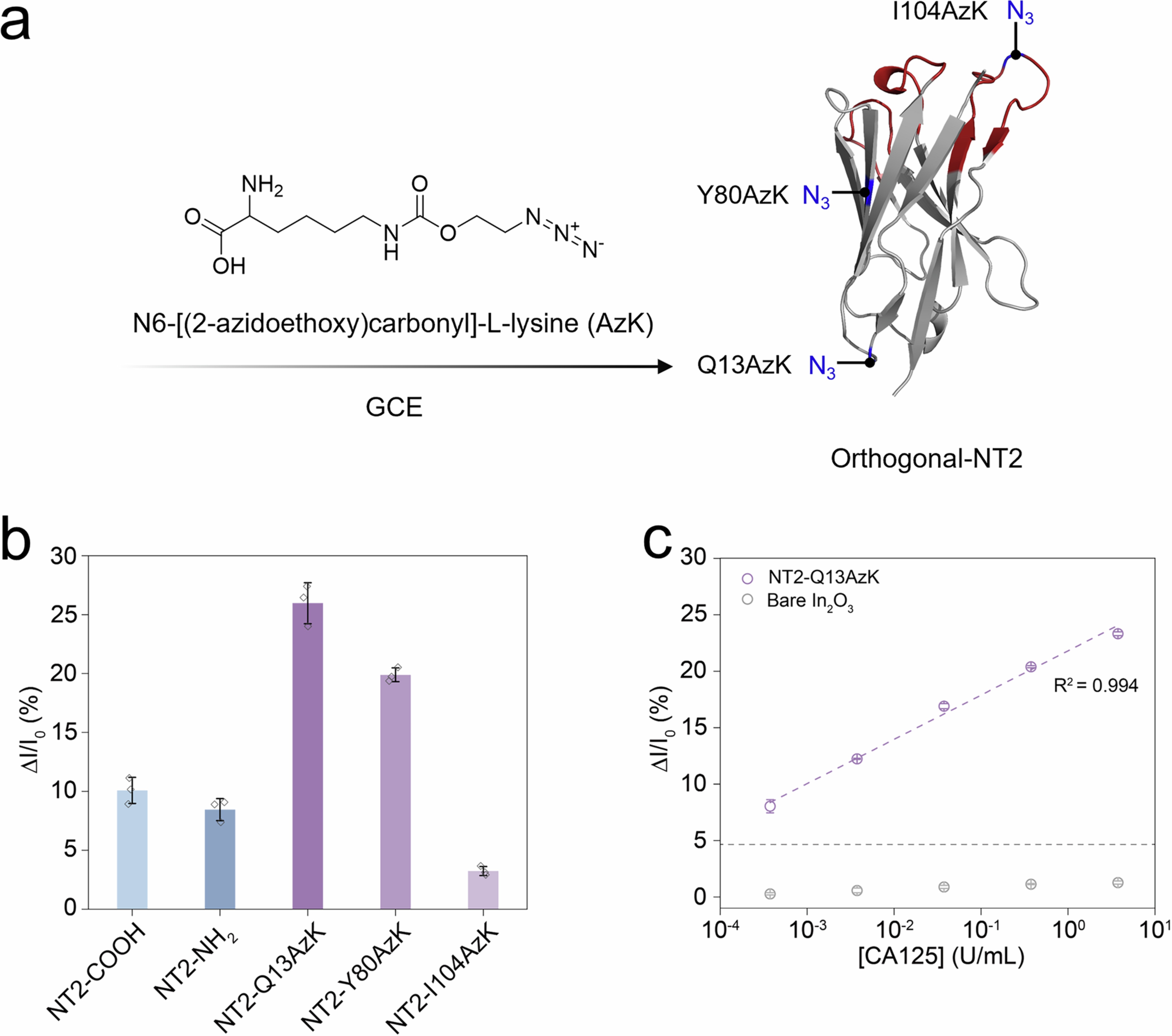 Extended Data Fig. 3: Selection of the insertion site for Orthogonal-NT2 and validation of its CA125 detection capability.