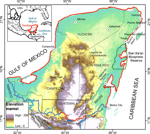 Topographic Map Of Yucatan Peninsula Figure 1 | Review: The Yucatán Peninsula Karst Aquifer, Mexico |  Springerlink