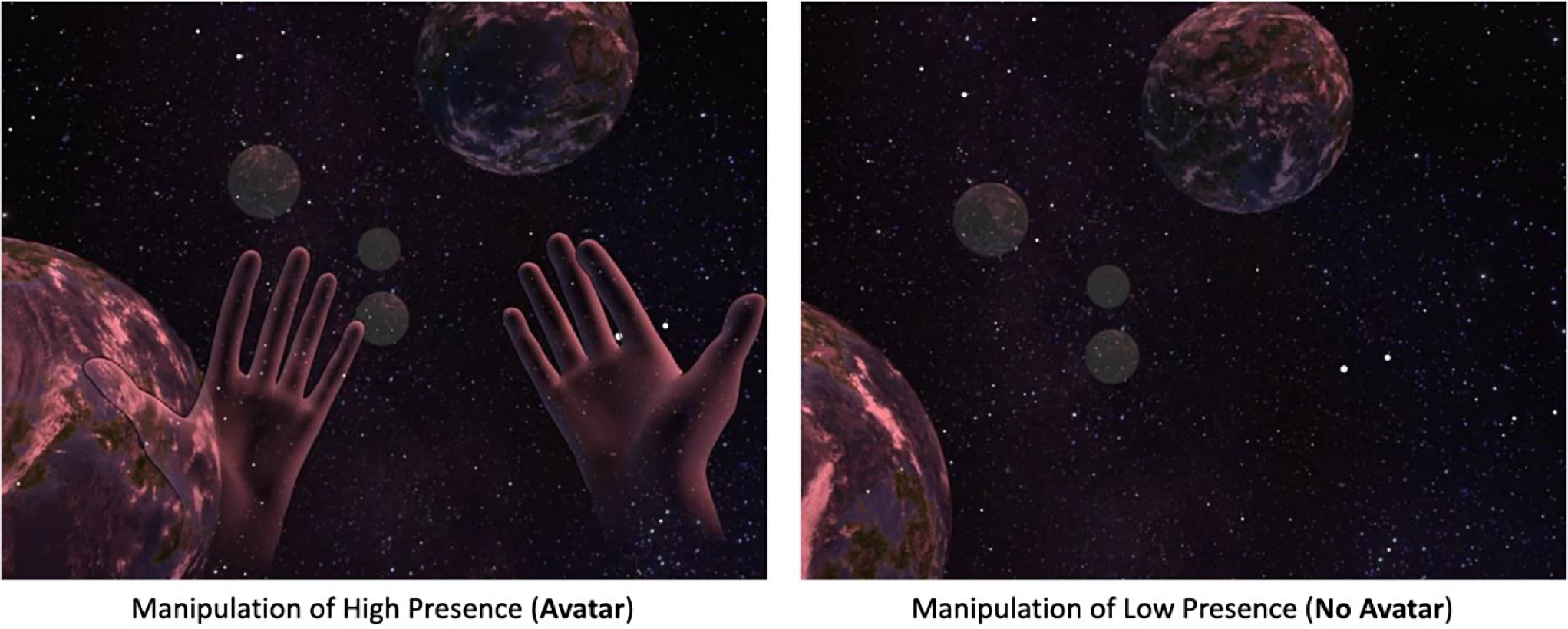 Screenshots of a virtual space environment either with or without virtual hands