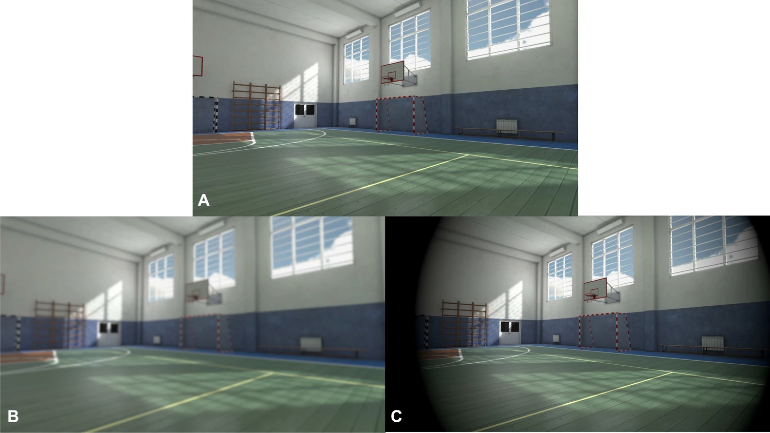 A figure illustrating the VR scene in baseline, dynamic blurring, and dynamic field of view