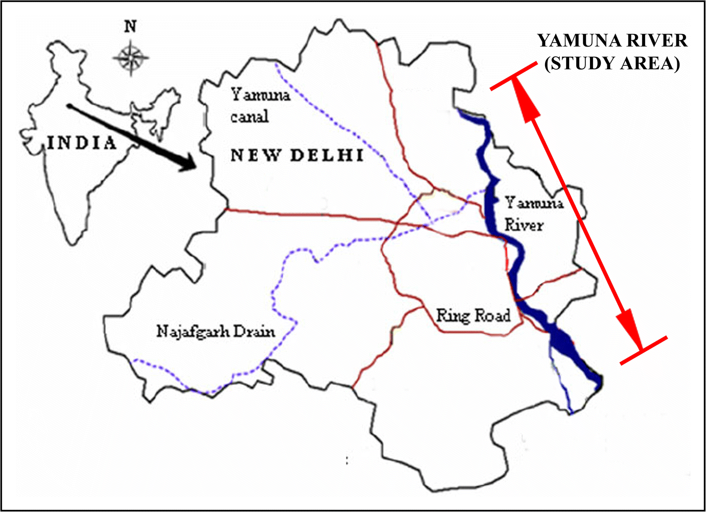 Delhi In India River Map Figure 1 | Pollution Mapping Of Yamuna River Segment Passing Through Delhi  Using High-Resolution Geoeye-2 Imagery | Springerlink