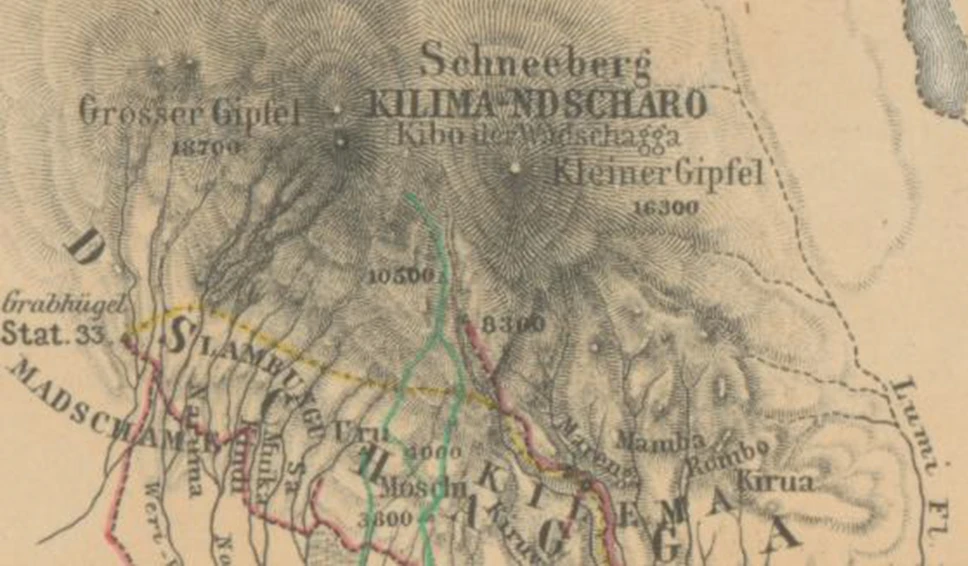 Abb.1 Aus Hassenstein (1868): Das Gebiet der beiden Reisen des Baron C. C. von der Decken zum Schneeberg Kilima-Ndscharo in den Jahren 1861 and 1862. 1:1.000.000.