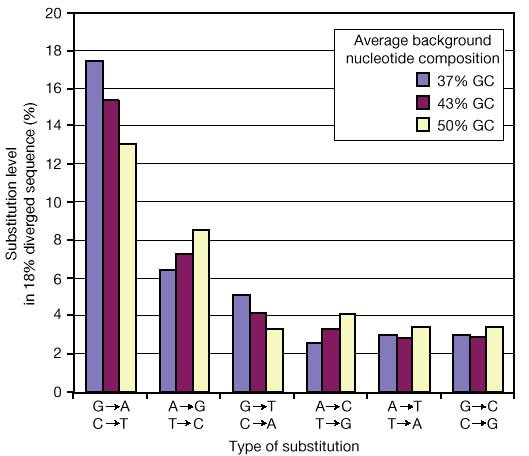 Figure 27: Substitution patterns in interspersed repeats differ as a function of GC content.