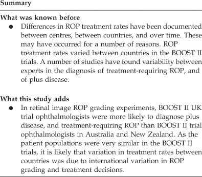 An international comparison of retinopathy of prematurity grading  performance within the Benefits of Oxygen Saturation Targeting II trials |  Eye